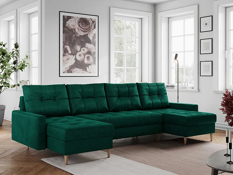 Ecksofa COLIN U mit Bettfunktion - skandinavisches design, lose Kissen - Dunkelgrün Velvet