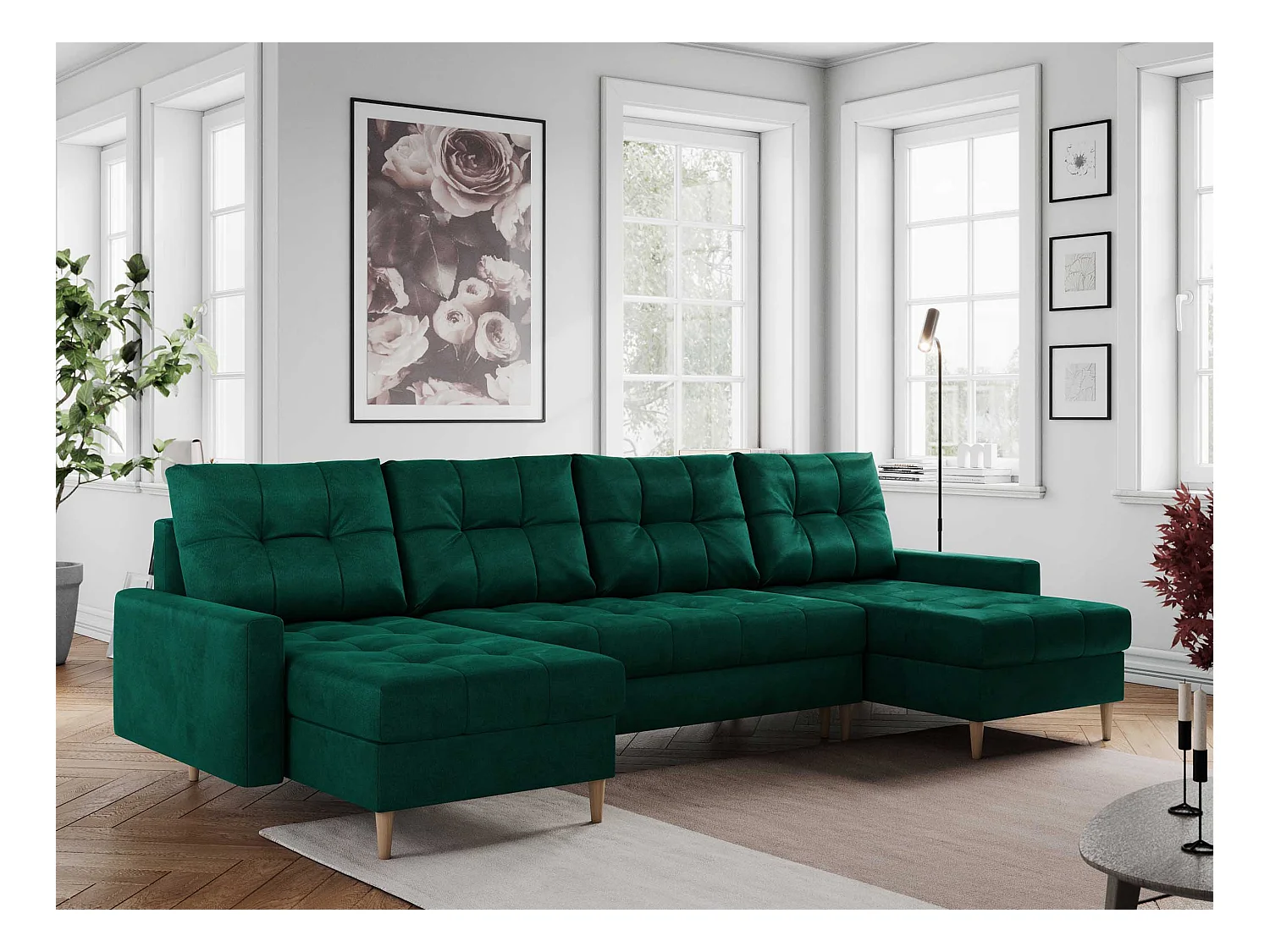 Ecksofa COLIN U mit Bettfunktion - skandinavisches design, lose Kissen - Dunkelgrün Velvet