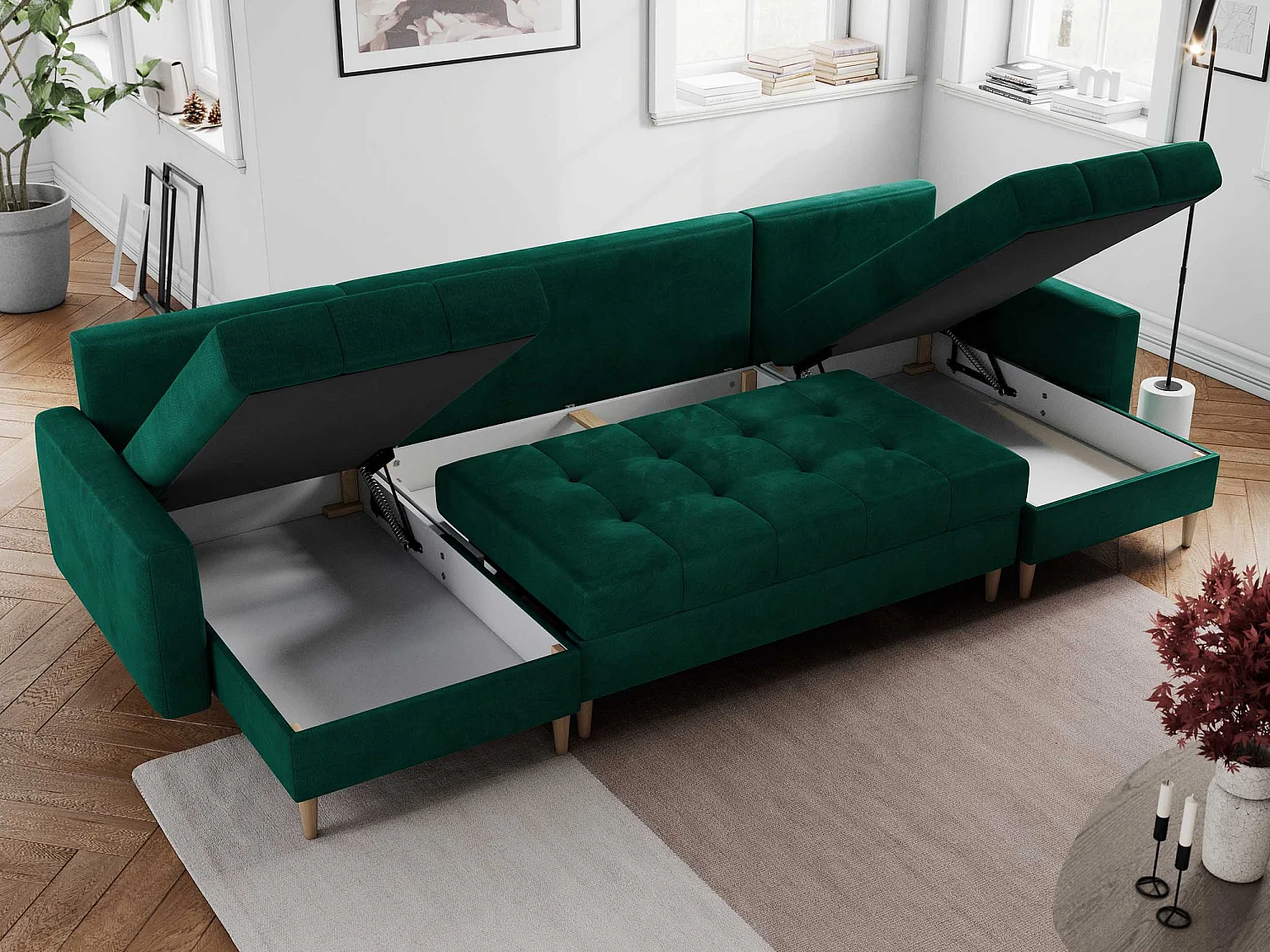 Ecksofa COLIN U mit Bettfunktion - skandinavisches design, lose Kissen - Dunkelgrün Velvet