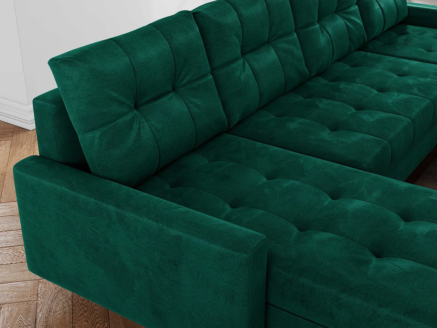 Ecksofa COLIN U mit Bettfunktion - skandinavisches design, lose Kissen - Dunkelgrün Velvet