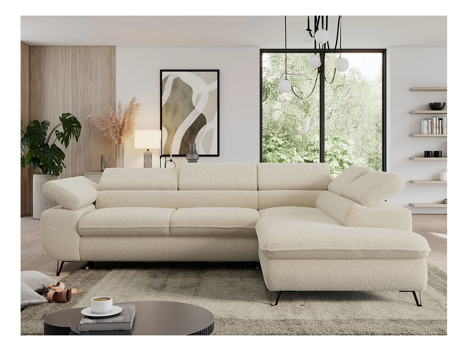 Ecksofa PEDRO - L-Form mit Schlaffunktion 200x125 cm, verstellbaren Kopfstützen - Beige Boucle - Ecke Rechts