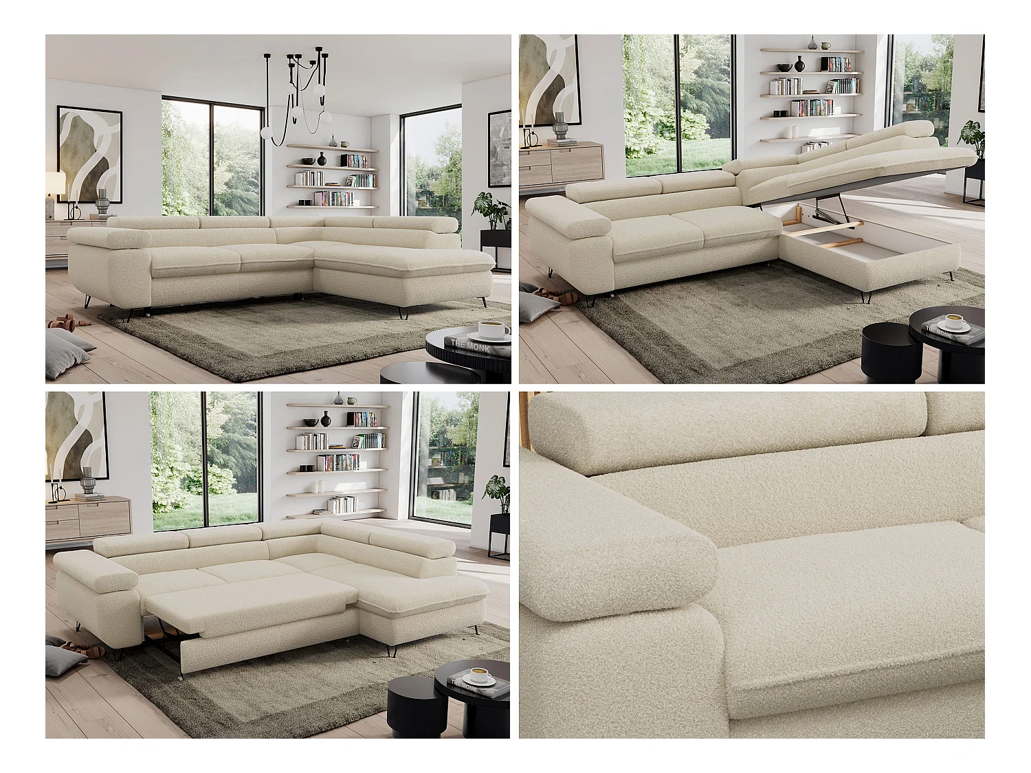 Ecksofa PEDRO - L-Form mit Schlaffunktion 200x125 cm, verstellbaren Kopfstützen - Beige Boucle - Ecke Rechts