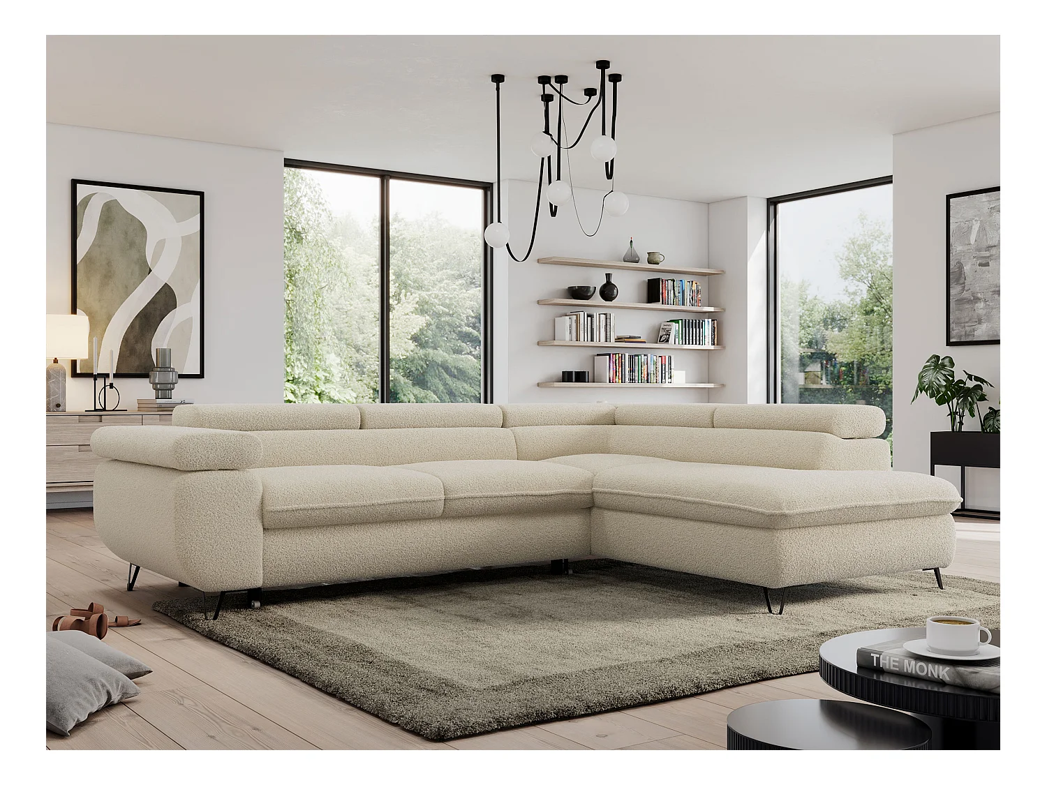 Ecksofa PEDRO - L-Form mit Schlaffunktion 200x125 cm, verstellbaren Kopfstützen - Beige Boucle - Ecke Rechts