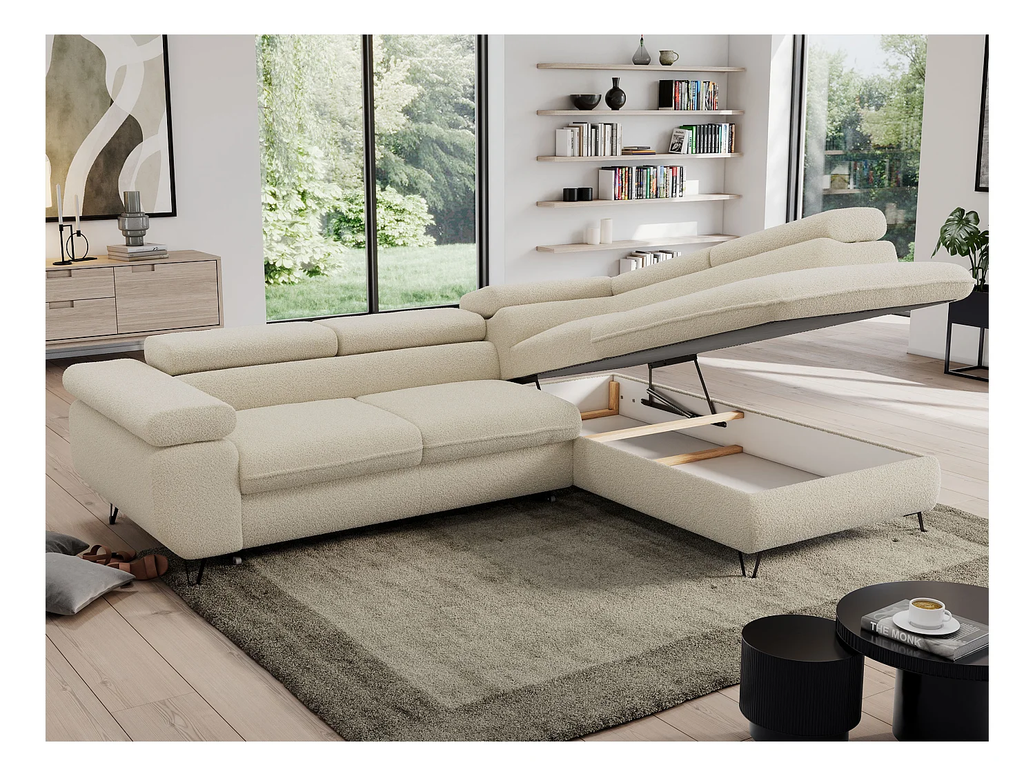 Ecksofa PEDRO - L-Form mit Schlaffunktion 200x125 cm, verstellbaren Kopfstützen - Beige Boucle - Ecke Rechts