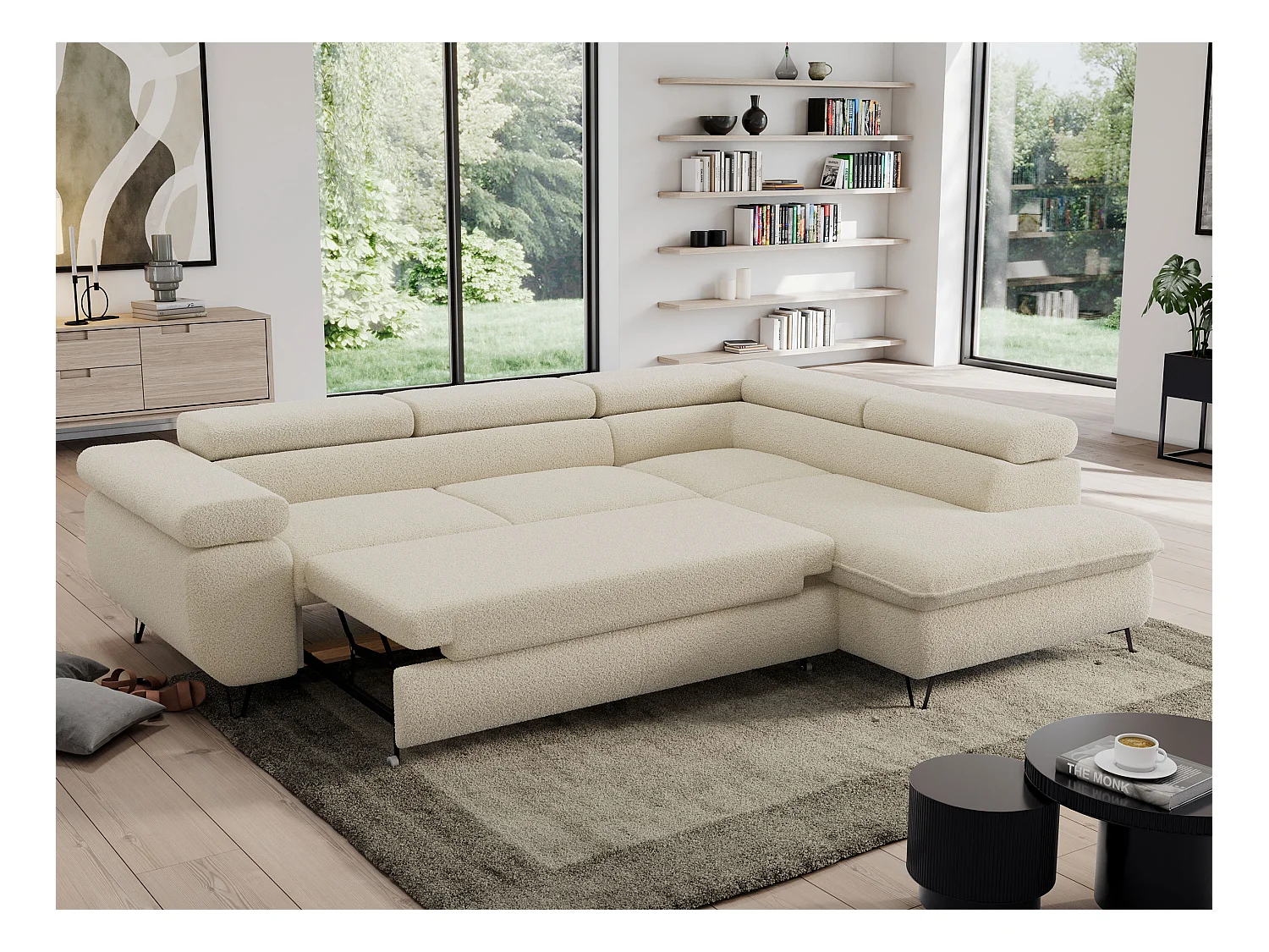 Ecksofa PEDRO - L-Form mit Schlaffunktion 200x125 cm, verstellbaren Kopfstützen - Beige Boucle - Ecke Rechts