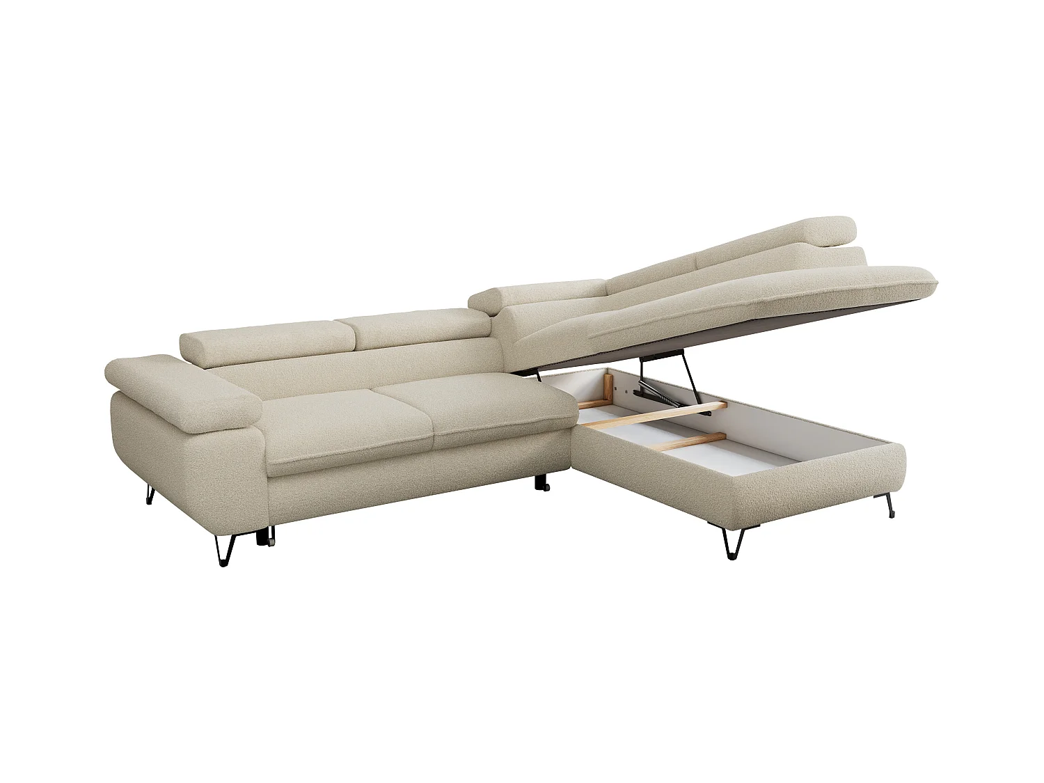 Ecksofa PEDRO - L-Form mit Schlaffunktion 200x125 cm, verstellbaren Kopfstützen - Beige Boucle - Ecke Rechts