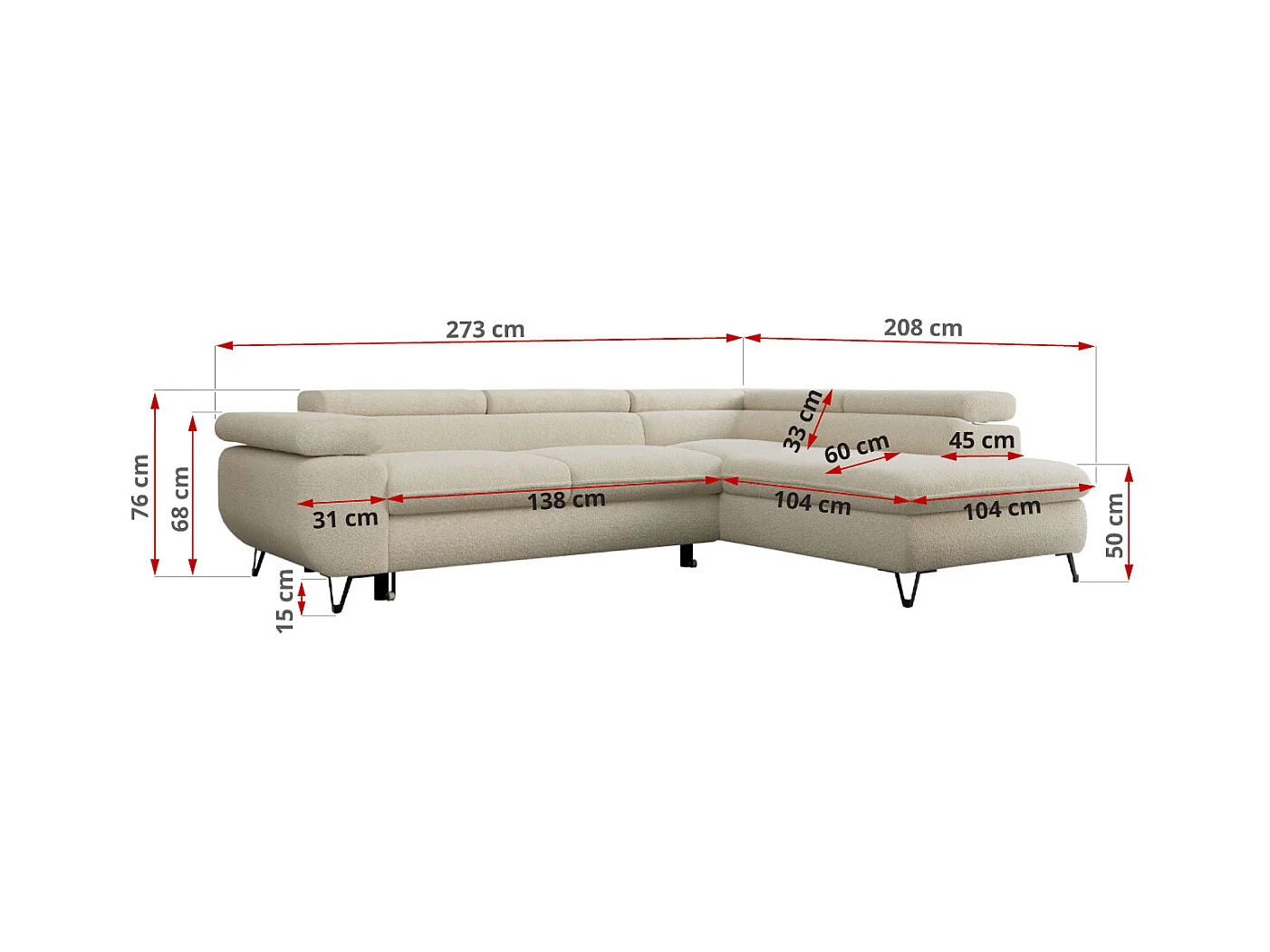 Ecksofa PEDRO - L-Form mit Schlaffunktion 200x125 cm, verstellbaren Kopfstützen - Beige Boucle - Ecke Rechts