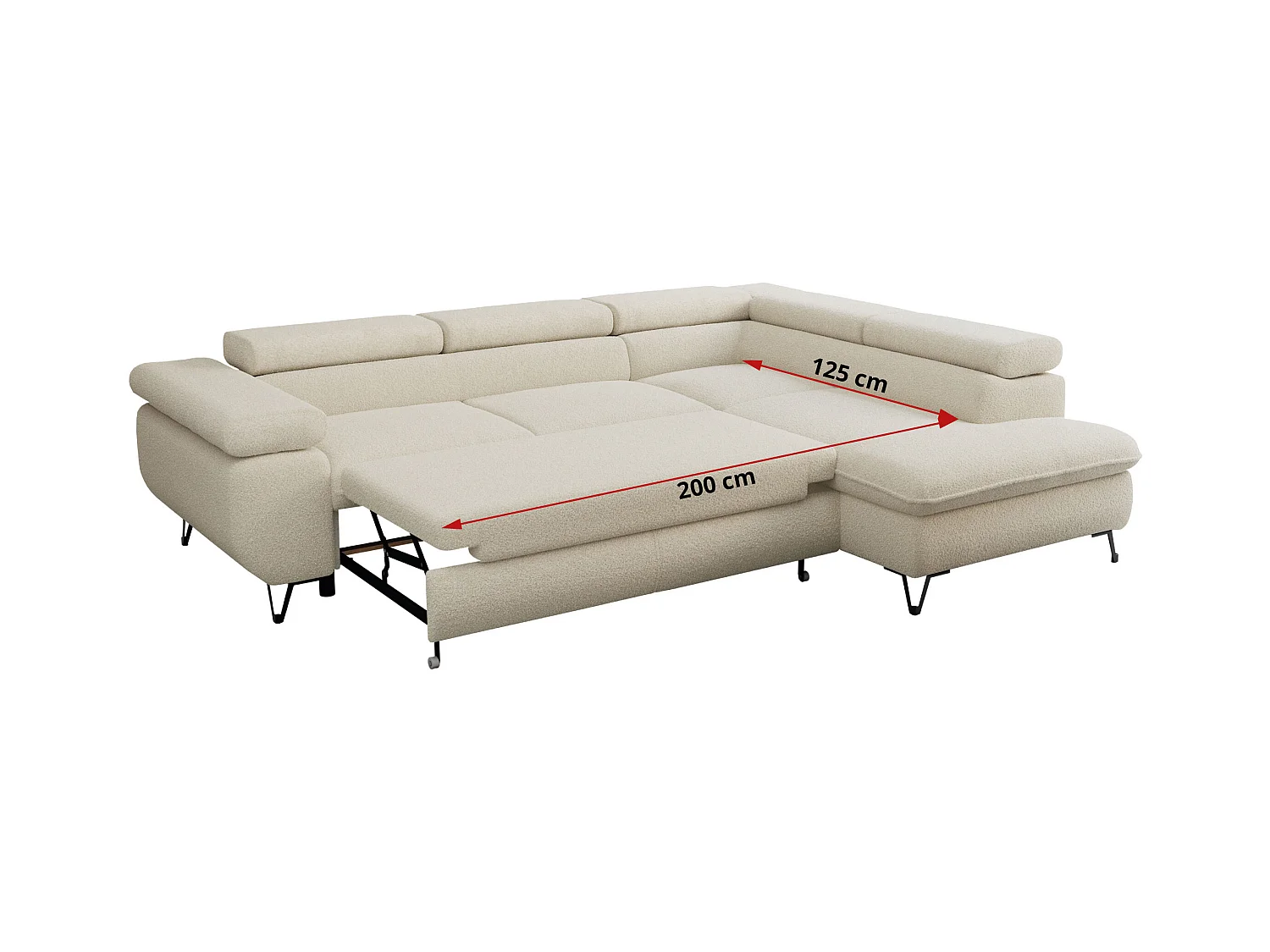 Ecksofa PEDRO - L-Form mit Schlaffunktion 200x125 cm, verstellbaren Kopfstützen - Beige Boucle - Ecke Rechts