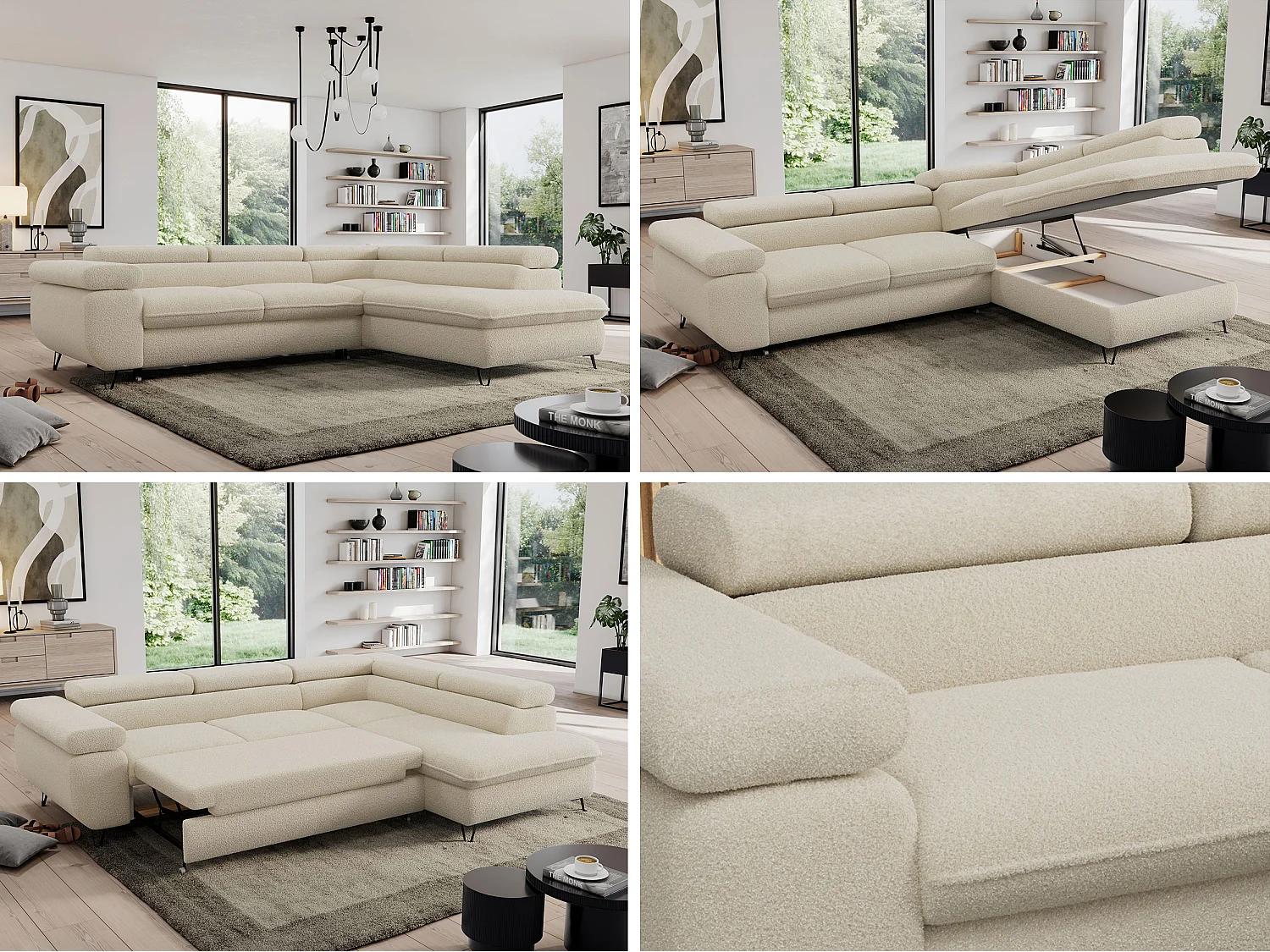 Ecksofa PEDRO - L-Form mit Schlaffunktion 200x125 cm, verstellbaren Kopfstützen - Beige Boucle - Ecke Rechts