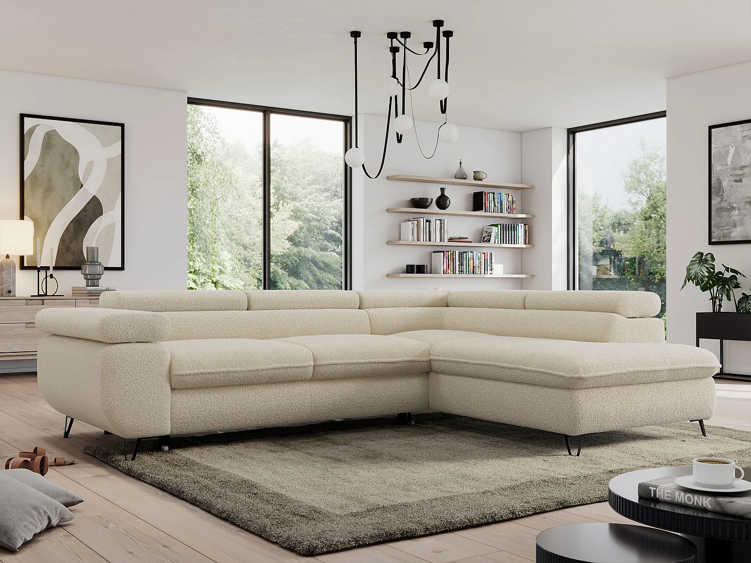 Ecksofa PEDRO - L-Form mit Schlaffunktion 200x125 cm, verstellbaren Kopfstützen - Beige Boucle - Ecke Rechts