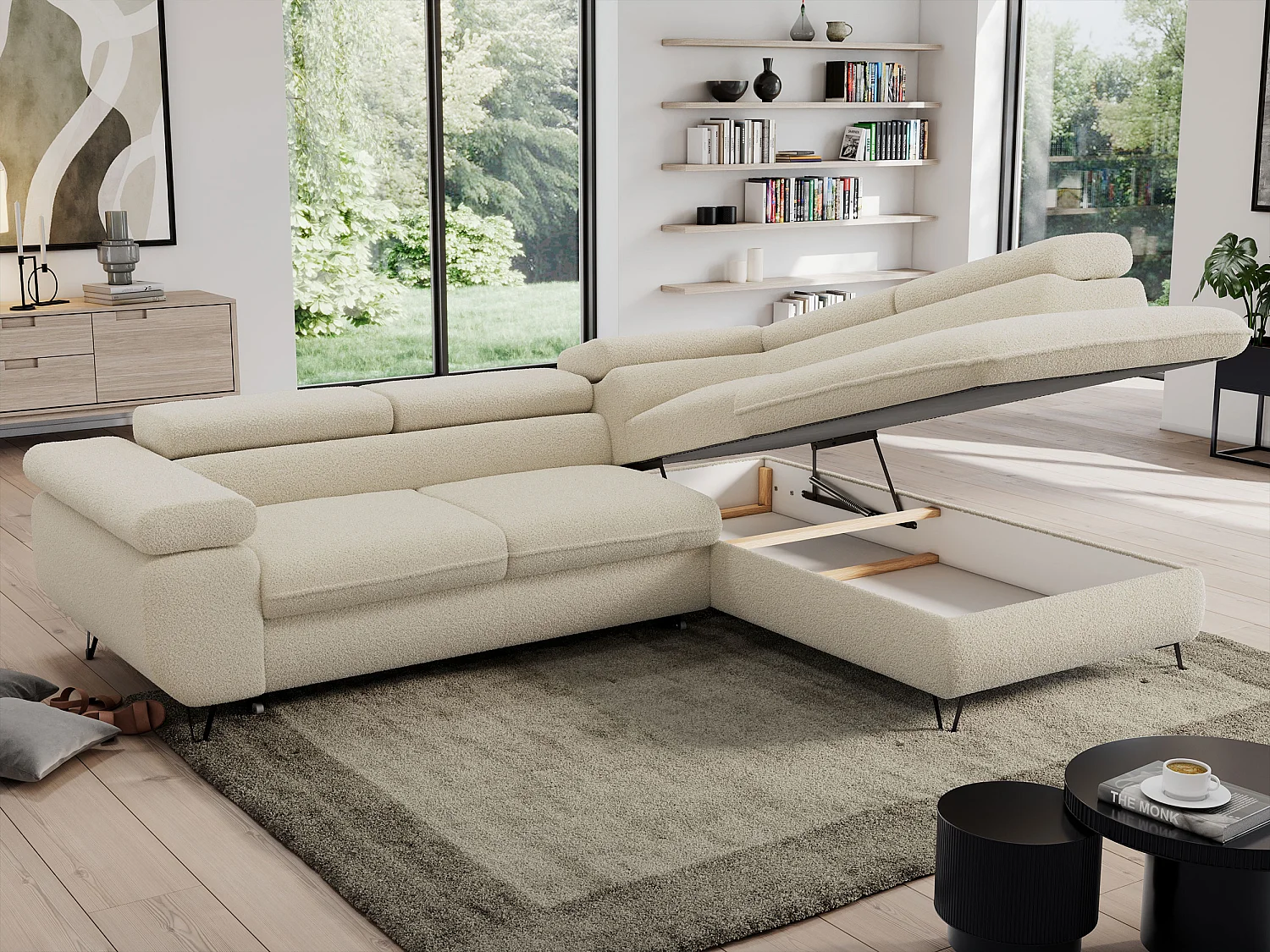 Ecksofa PEDRO - L-Form mit Schlaffunktion 200x125 cm, verstellbaren Kopfstützen - Beige Boucle - Ecke Rechts