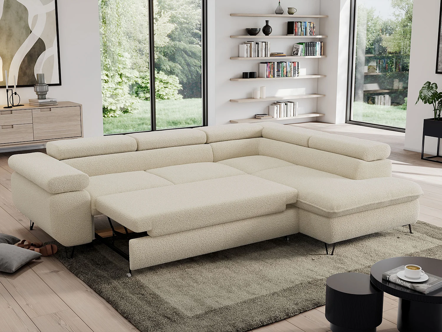Ecksofa PEDRO - L-Form mit Schlaffunktion 200x125 cm, verstellbaren Kopfstützen - Beige Boucle - Ecke Rechts
