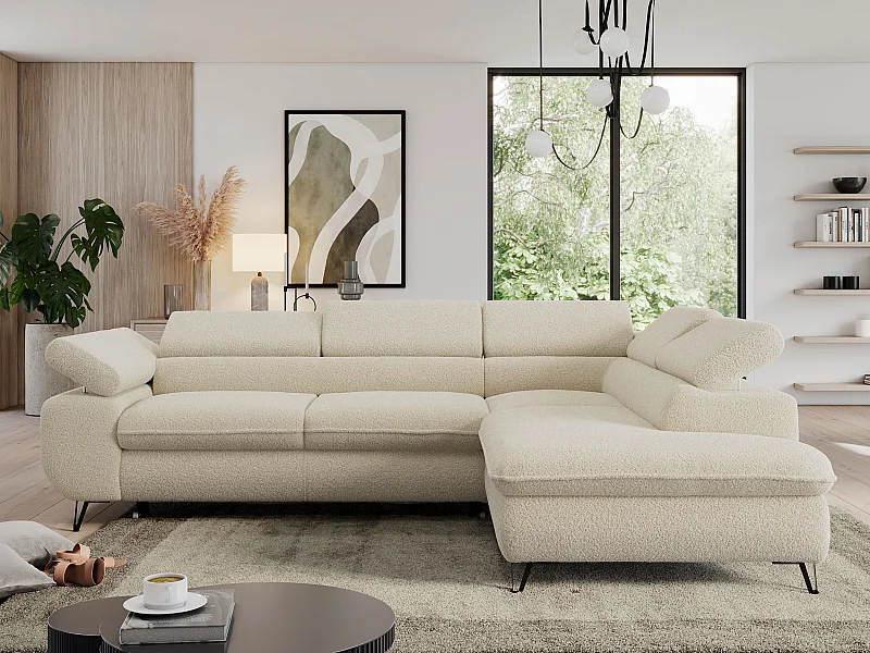Ecksofa PEDRO - L-Form mit Schlaffunktion 200x125 cm, verstellbaren Kopfstützen - Beige Boucle - Ecke Rechts
