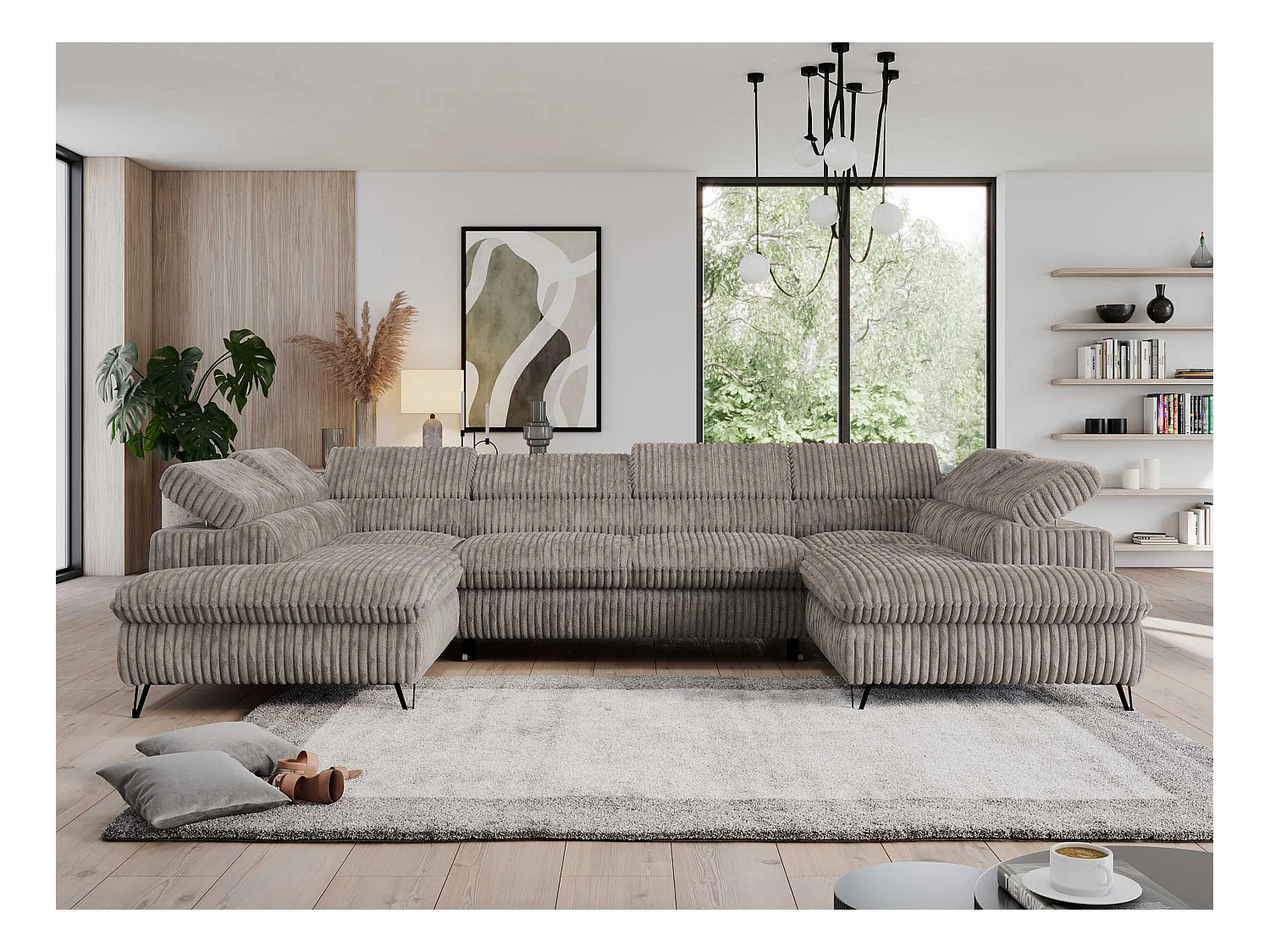 Ecksofa PEDRO U - XXL U-förmige Ecke, schlaffunktion und Bettkästen - Hellbraun Cord