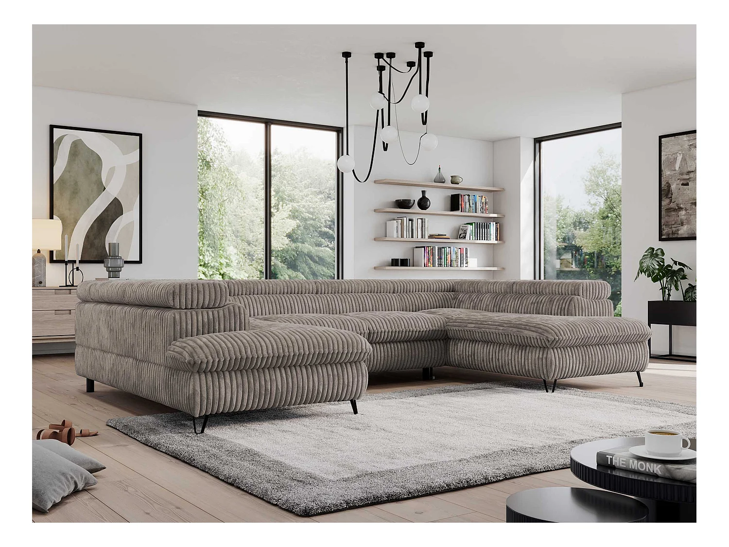 Ecksofa PEDRO U - XXL U-förmige Ecke, schlaffunktion und Bettkästen - Hellbraun Cord