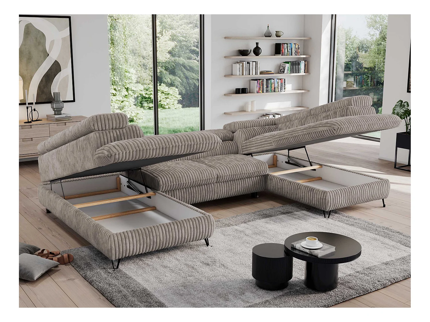 Ecksofa PEDRO U - XXL U-förmige Ecke, schlaffunktion und Bettkästen - Hellbraun Cord