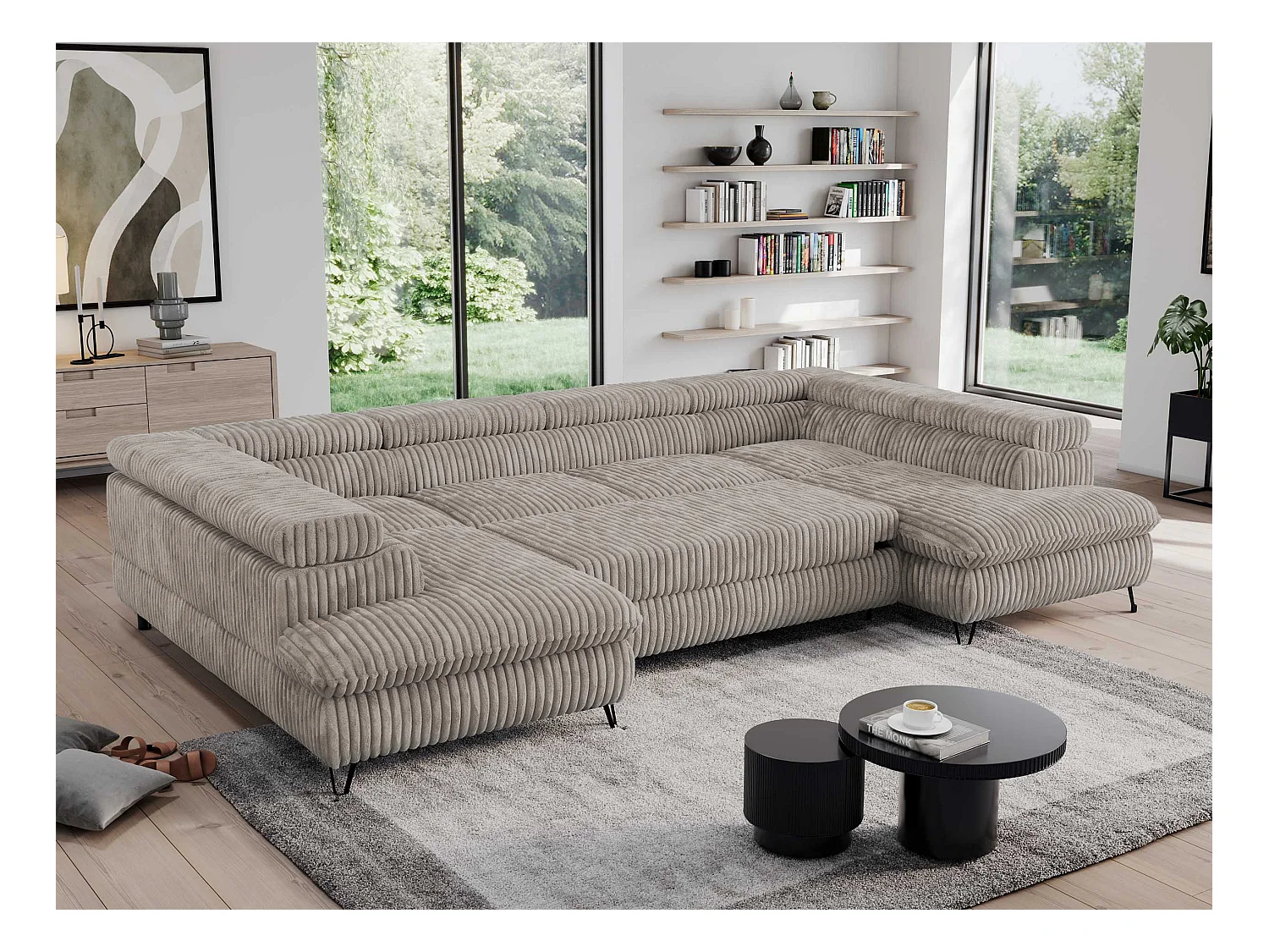 Ecksofa PEDRO U - XXL U-förmige Ecke, schlaffunktion und Bettkästen - Hellbraun Cord