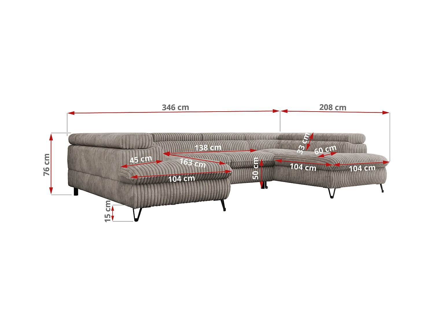 Ecksofa PEDRO U - XXL U-förmige Ecke, schlaffunktion und Bettkästen - Hellbraun Cord
