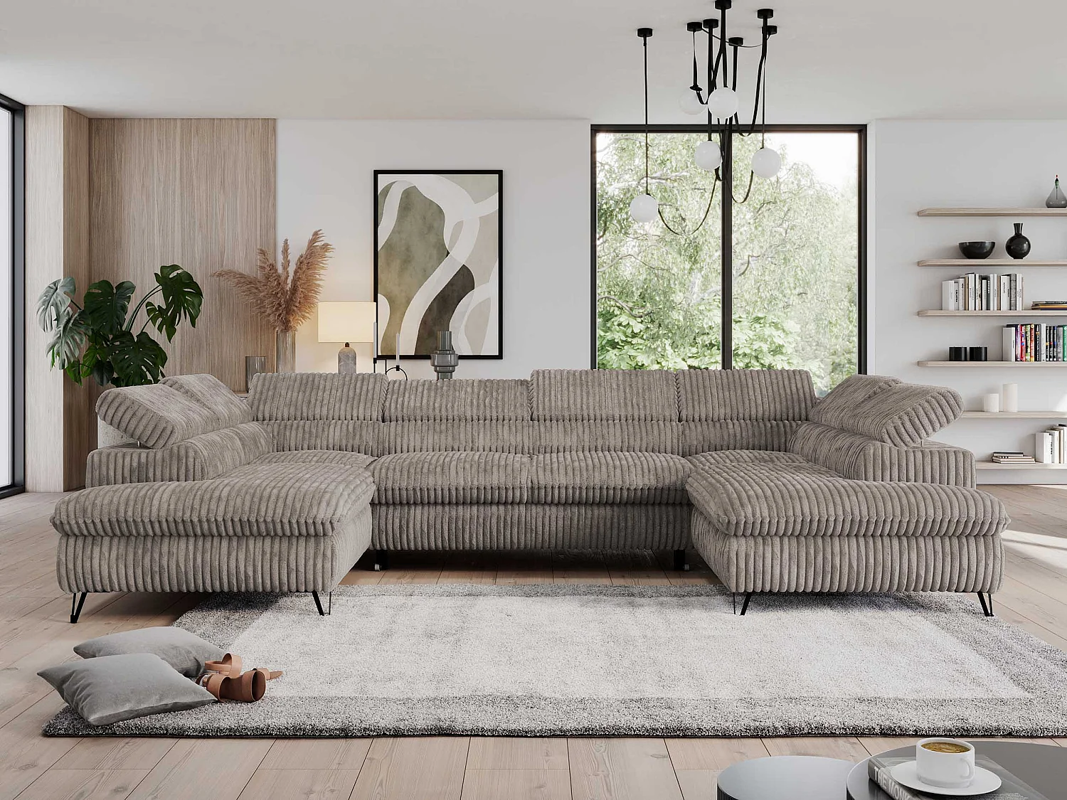 Ecksofa PEDRO U - XXL U-förmige Ecke, schlaffunktion und Bettkästen - Hellbraun Cord