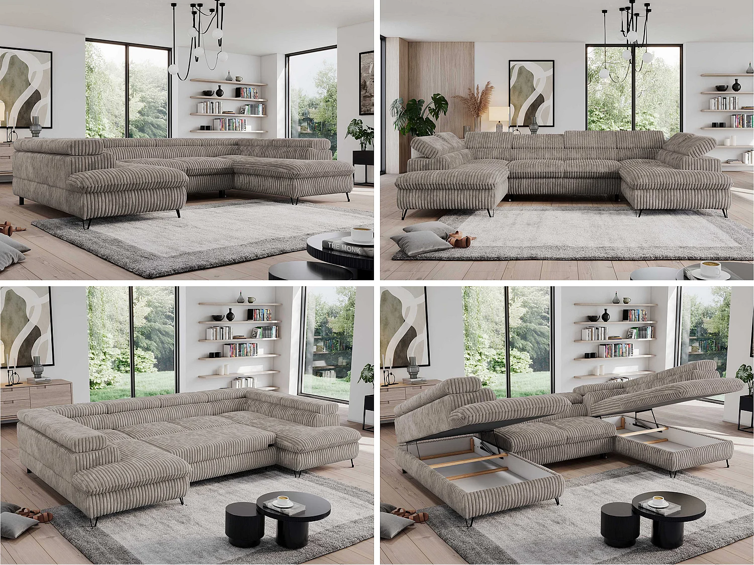 Ecksofa PEDRO U - XXL U-förmige Ecke, schlaffunktion und Bettkästen - Hellbraun Cord