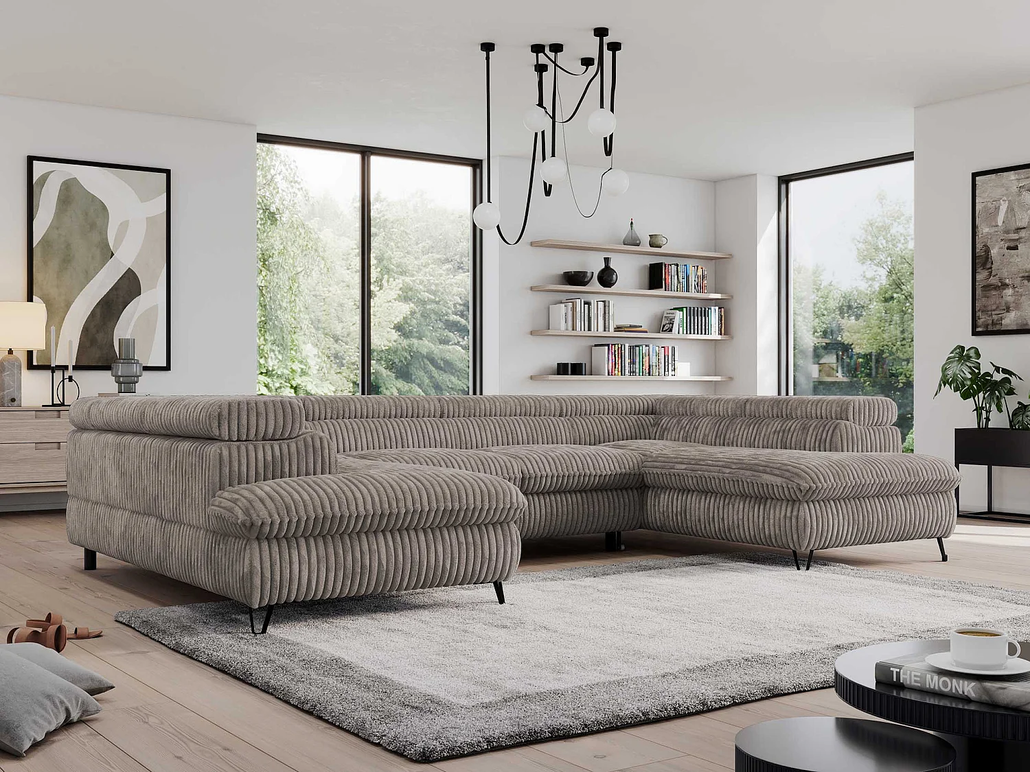 Ecksofa PEDRO U - XXL U-förmige Ecke, schlaffunktion und Bettkästen - Hellbraun Cord