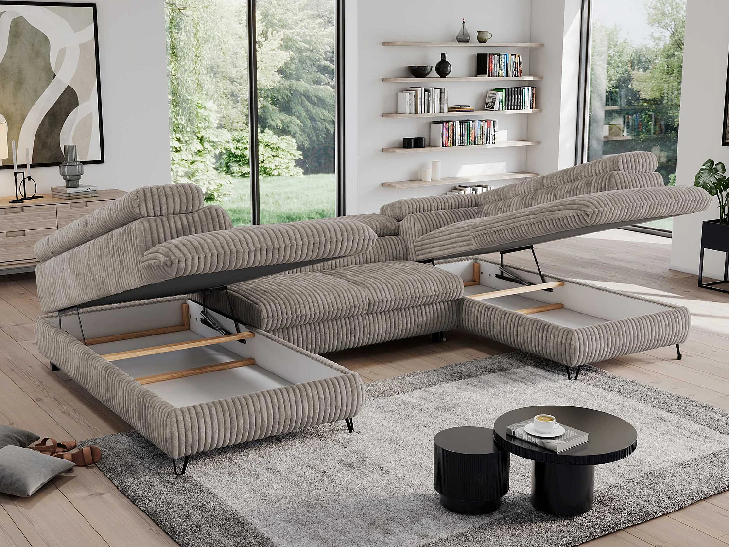 Ecksofa PEDRO U - XXL U-förmige Ecke, schlaffunktion und Bettkästen - Hellbraun Cord