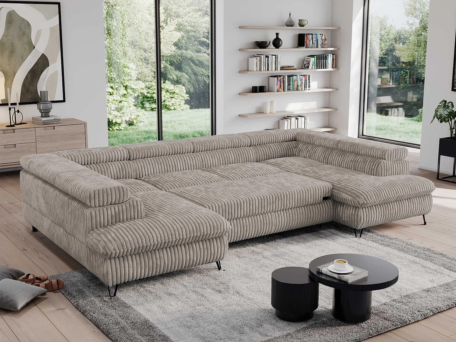 Ecksofa PEDRO U - XXL U-förmige Ecke, schlaffunktion und Bettkästen - Hellbraun Cord