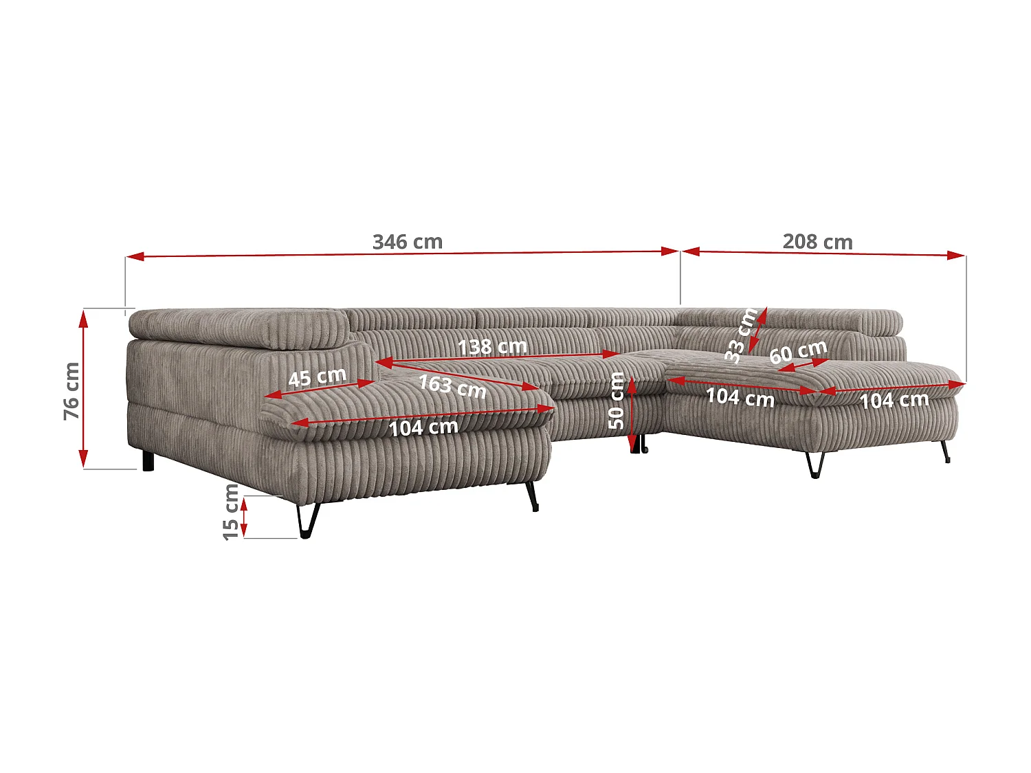 Ecksofa PEDRO U - XXL U-förmige Ecke, schlaffunktion und Bettkästen - Hellbraun Cord
