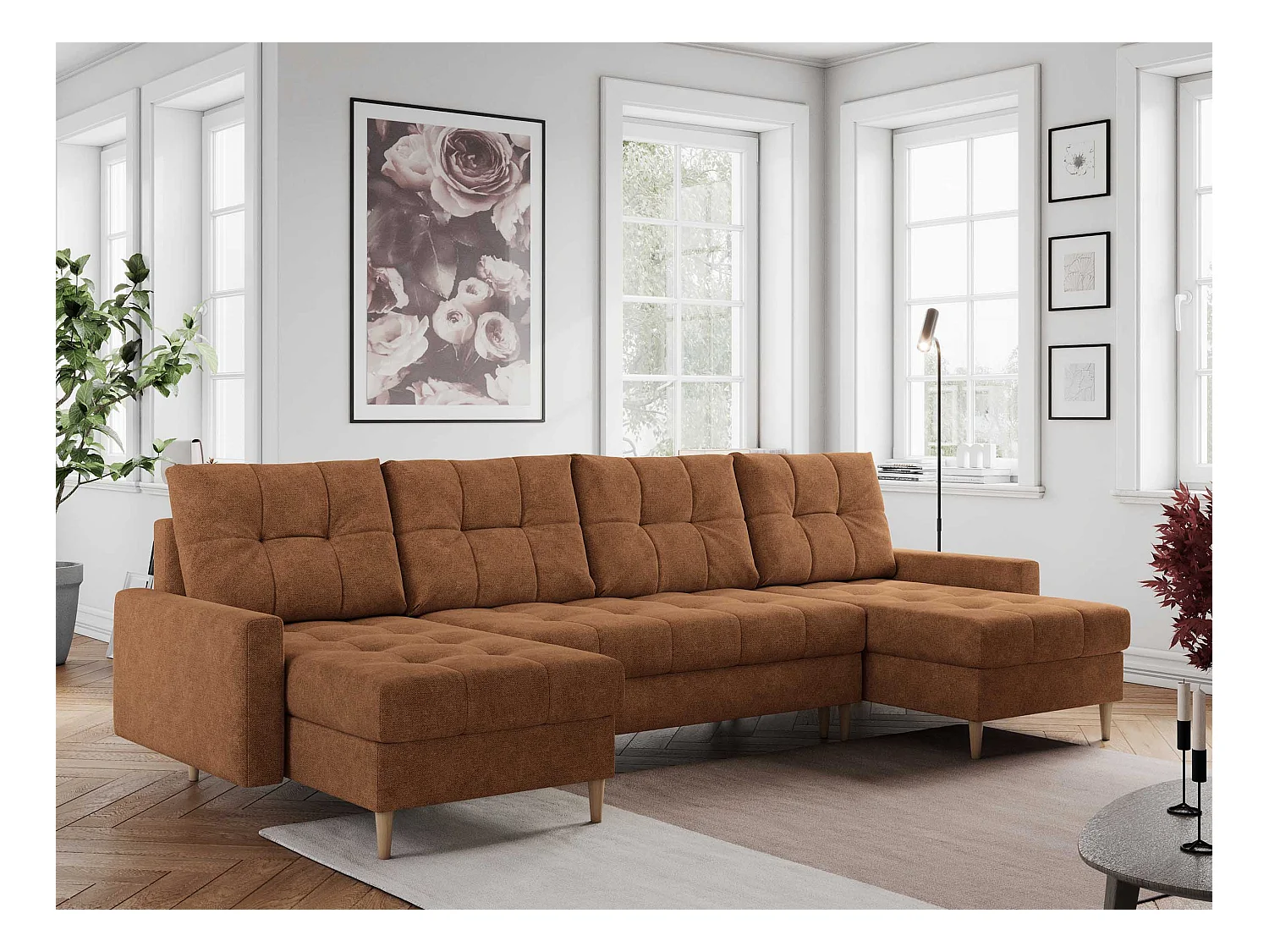 Ecksofa COLIN U mit Bettfunktion - skandinavisches design, lose Kissen - Orange Velvet