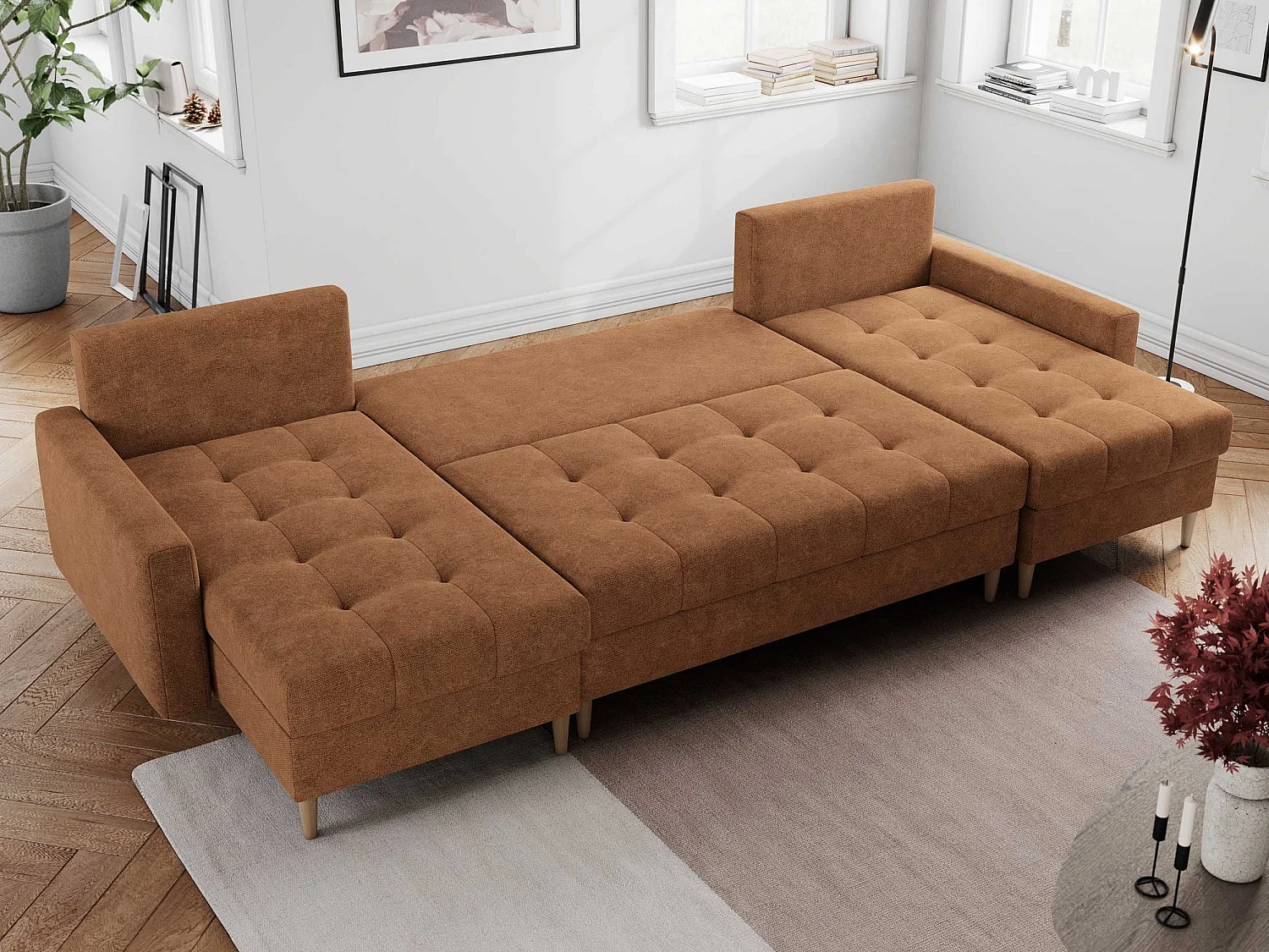 Ecksofa COLIN U mit Bettfunktion - skandinavisches design, lose Kissen - Orange Velvet