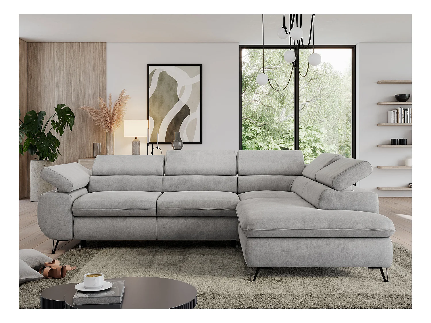 Ecksofa PEDRO - L-Form mit Schlaffunktion 200x125 cm, verstellbaren Kopfstützen - Hellgrau Velvet - Ecke Rechts