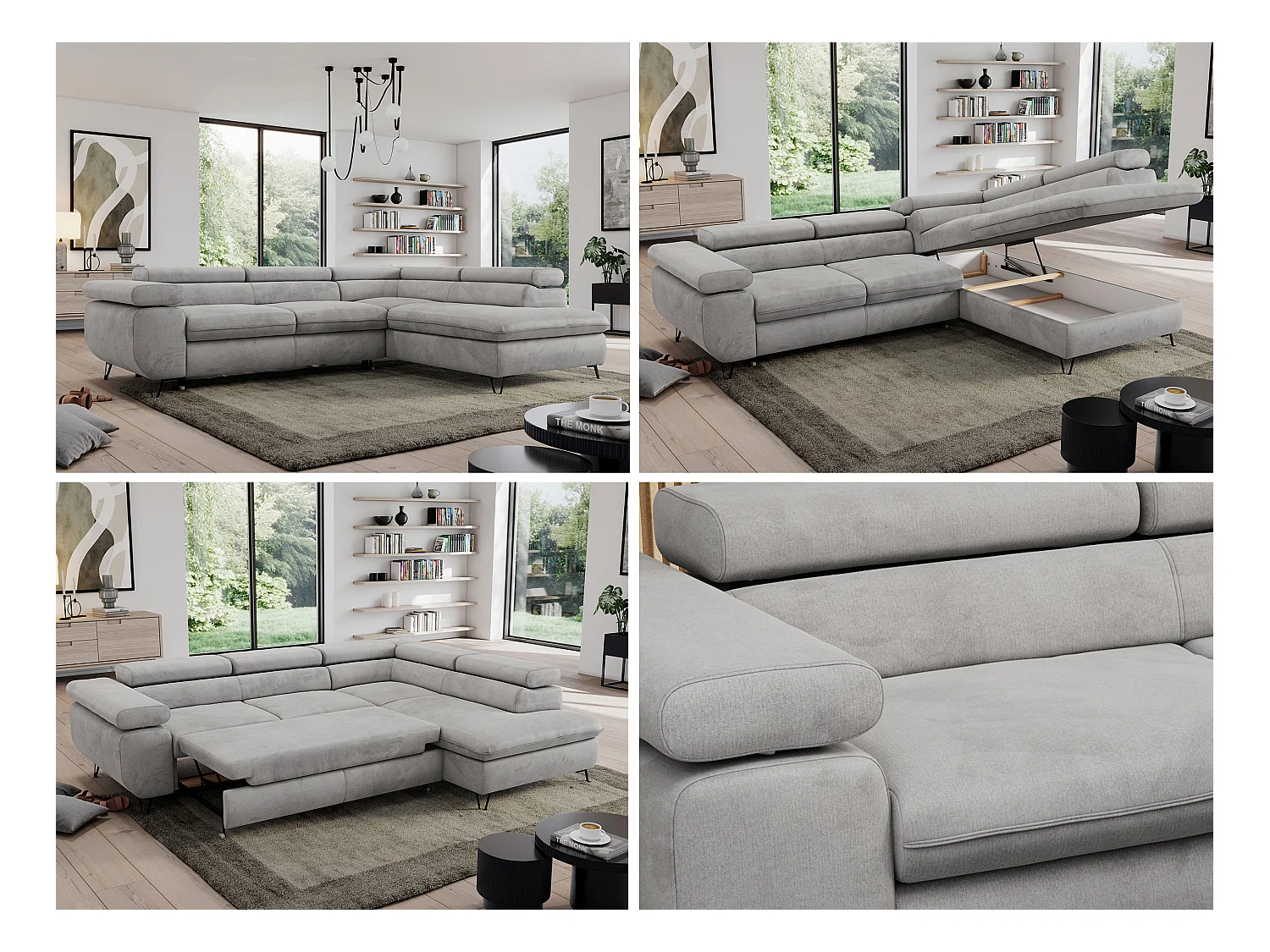 Ecksofa PEDRO - L-Form mit Schlaffunktion 200x125 cm, verstellbaren Kopfstützen - Hellgrau Velvet - Ecke Rechts