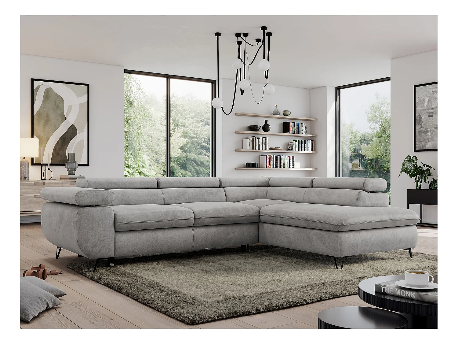 Ecksofa PEDRO - L-Form mit Schlaffunktion 200x125 cm, verstellbaren Kopfstützen - Hellgrau Velvet - Ecke Rechts