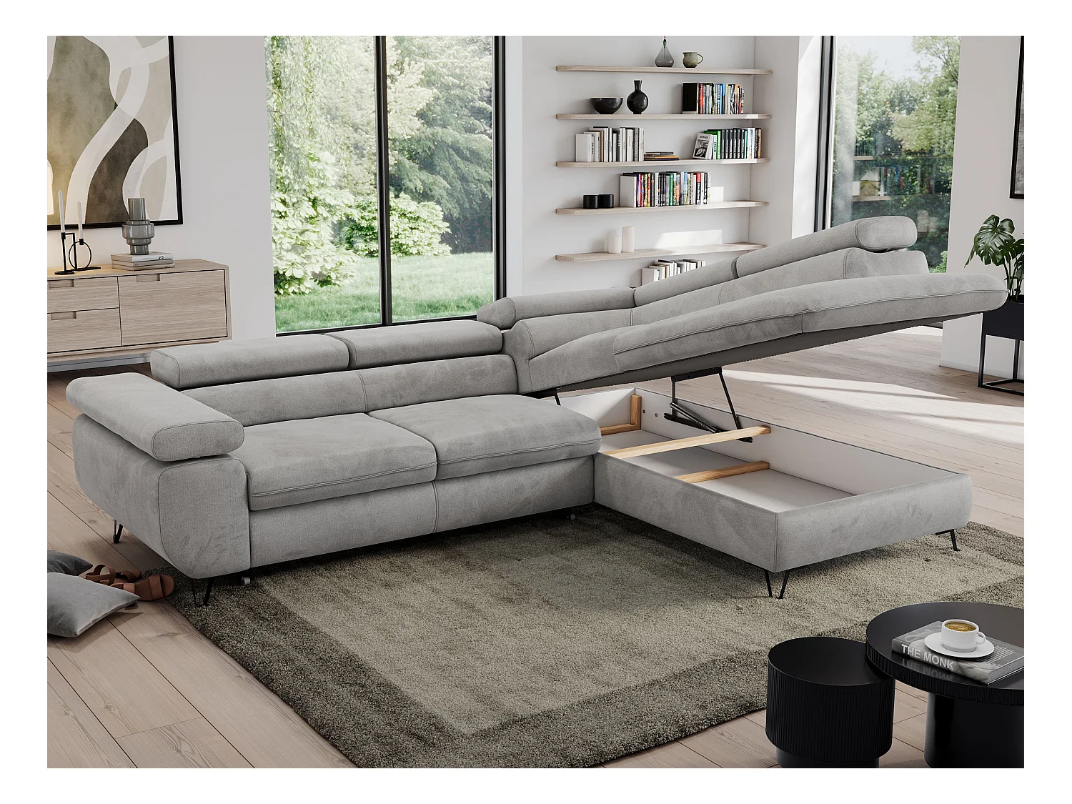 Ecksofa PEDRO - L-Form mit Schlaffunktion 200x125 cm, verstellbaren Kopfstützen - Hellgrau Velvet - Ecke Rechts