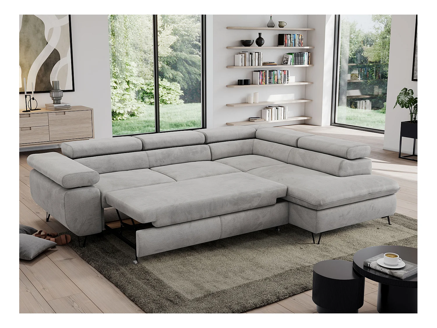 Ecksofa PEDRO - L-Form mit Schlaffunktion 200x125 cm, verstellbaren Kopfstützen - Hellgrau Velvet - Ecke Rechts