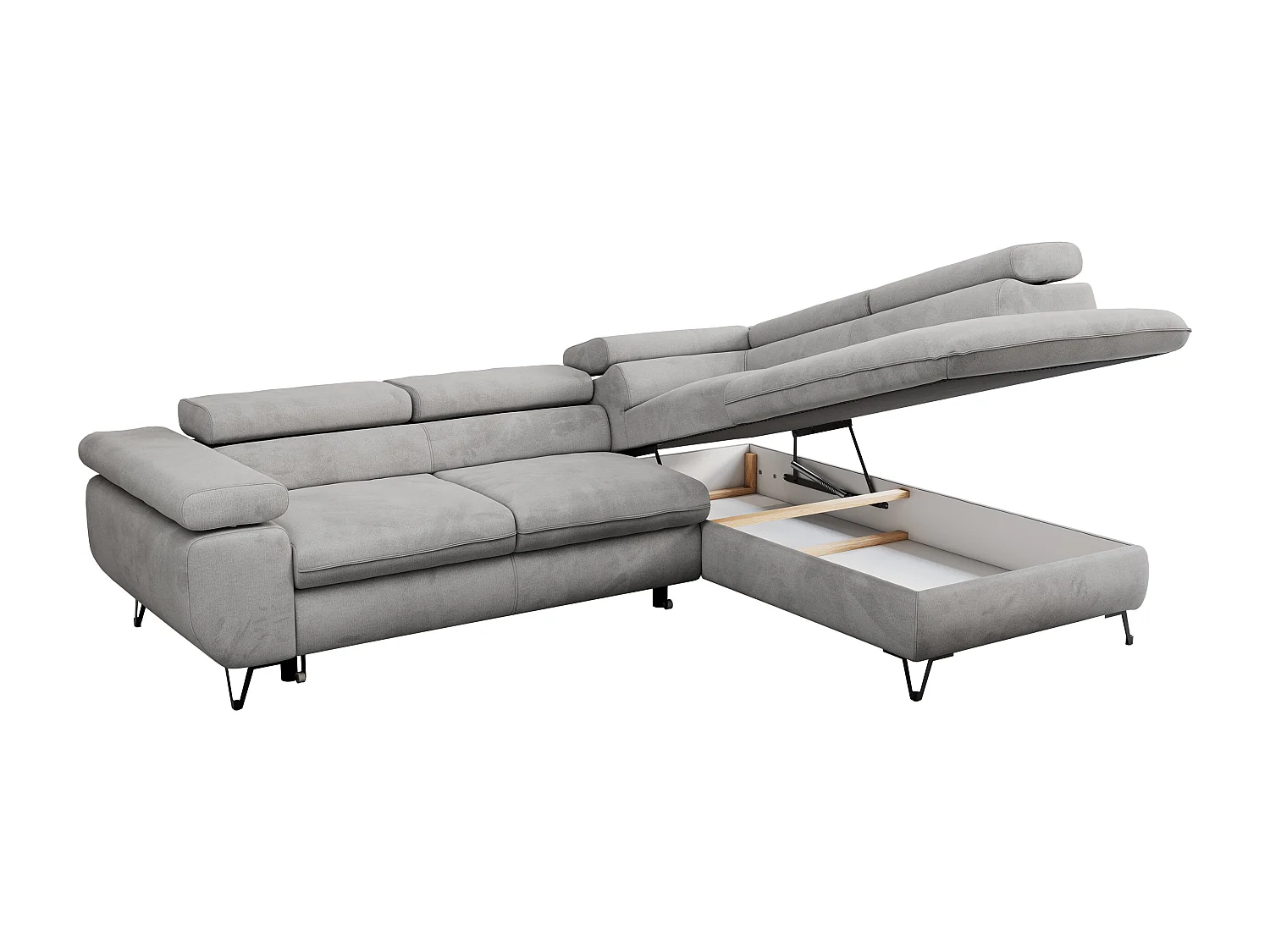 Ecksofa PEDRO - L-Form mit Schlaffunktion 200x125 cm, verstellbaren Kopfstützen - Hellgrau Velvet - Ecke Rechts