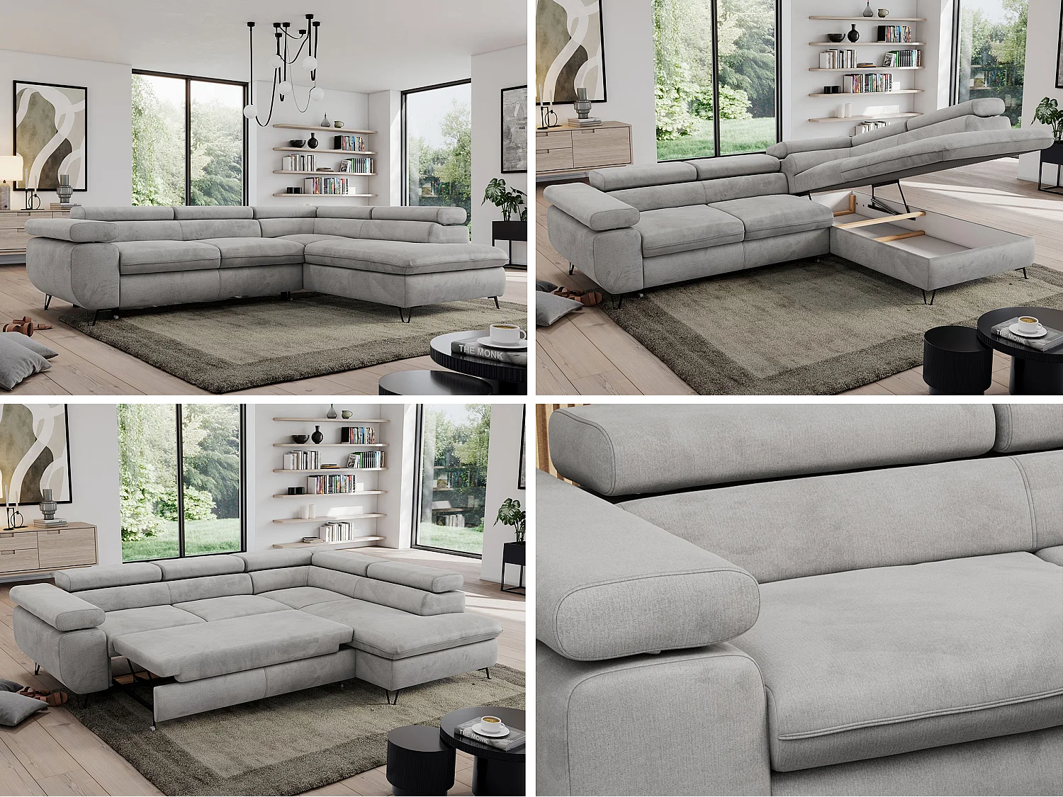 Ecksofa PEDRO - L-Form mit Schlaffunktion 200x125 cm, verstellbaren Kopfstützen - Hellgrau Velvet - Ecke Rechts