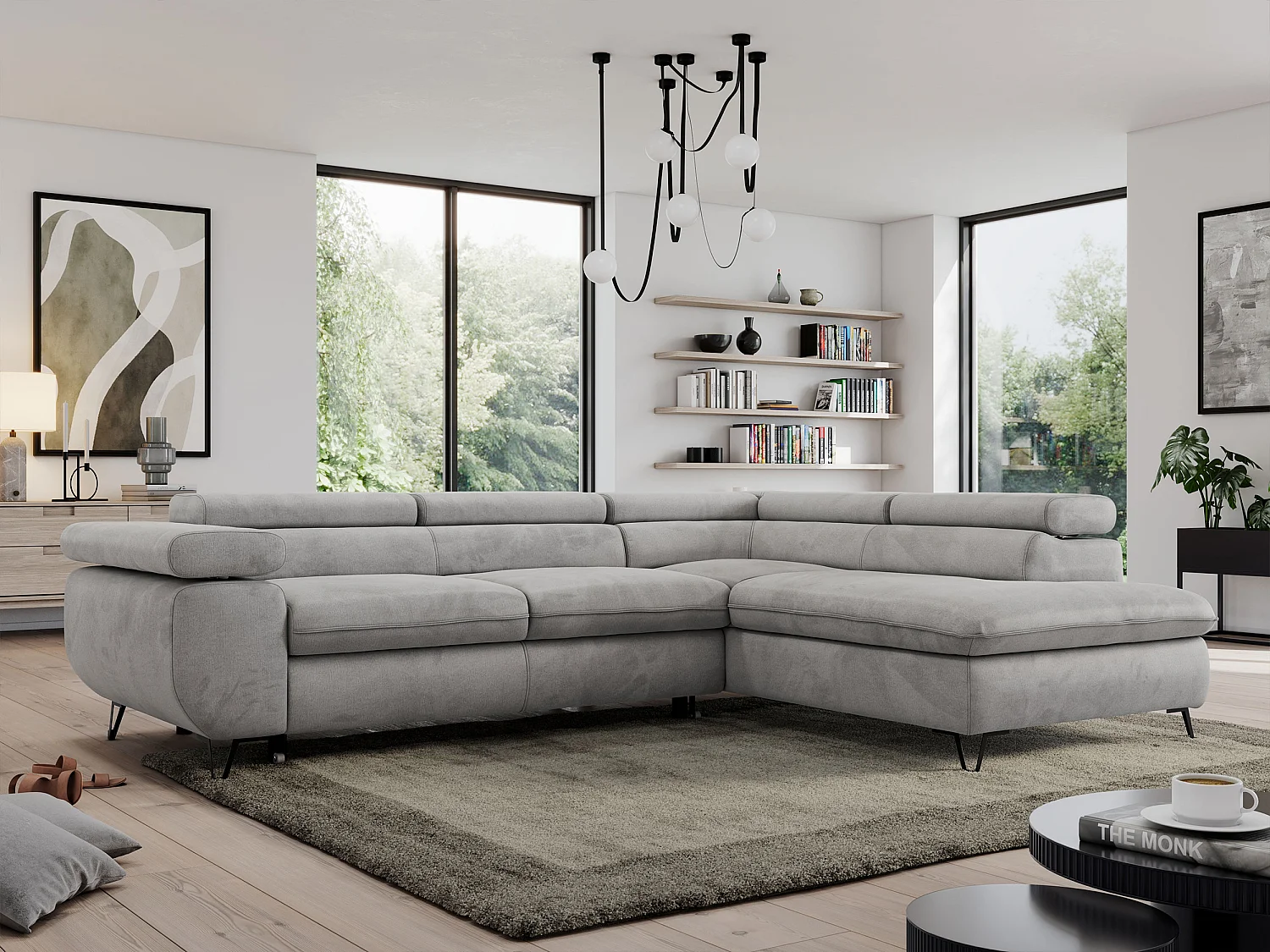 Ecksofa PEDRO - L-Form mit Schlaffunktion 200x125 cm, verstellbaren Kopfstützen - Hellgrau Velvet - Ecke Rechts