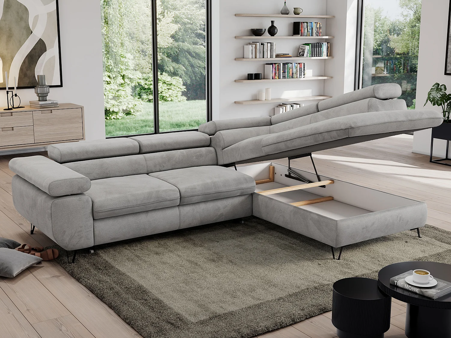 Ecksofa PEDRO - L-Form mit Schlaffunktion 200x125 cm, verstellbaren Kopfstützen - Hellgrau Velvet - Ecke Rechts