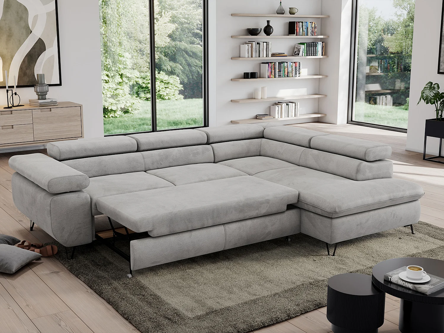 Ecksofa PEDRO - L-Form mit Schlaffunktion 200x125 cm, verstellbaren Kopfstützen - Hellgrau Velvet - Ecke Rechts
