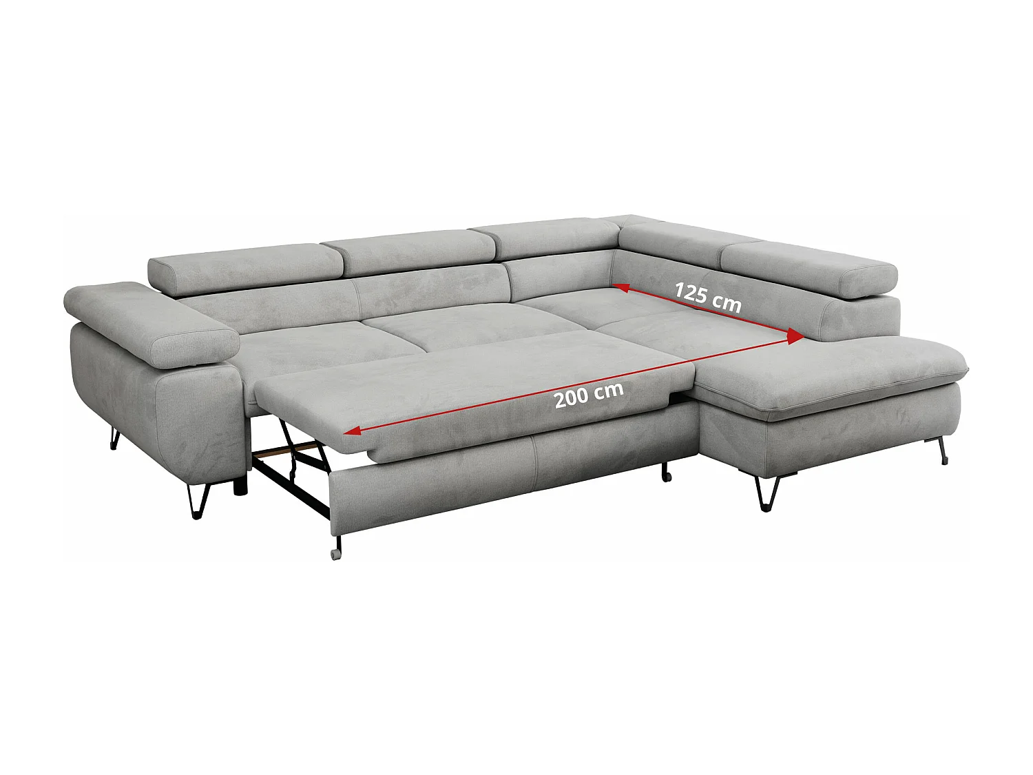 Ecksofa PEDRO - L-Form mit Schlaffunktion 200x125 cm, verstellbaren Kopfstützen - Hellgrau Velvet - Ecke Rechts