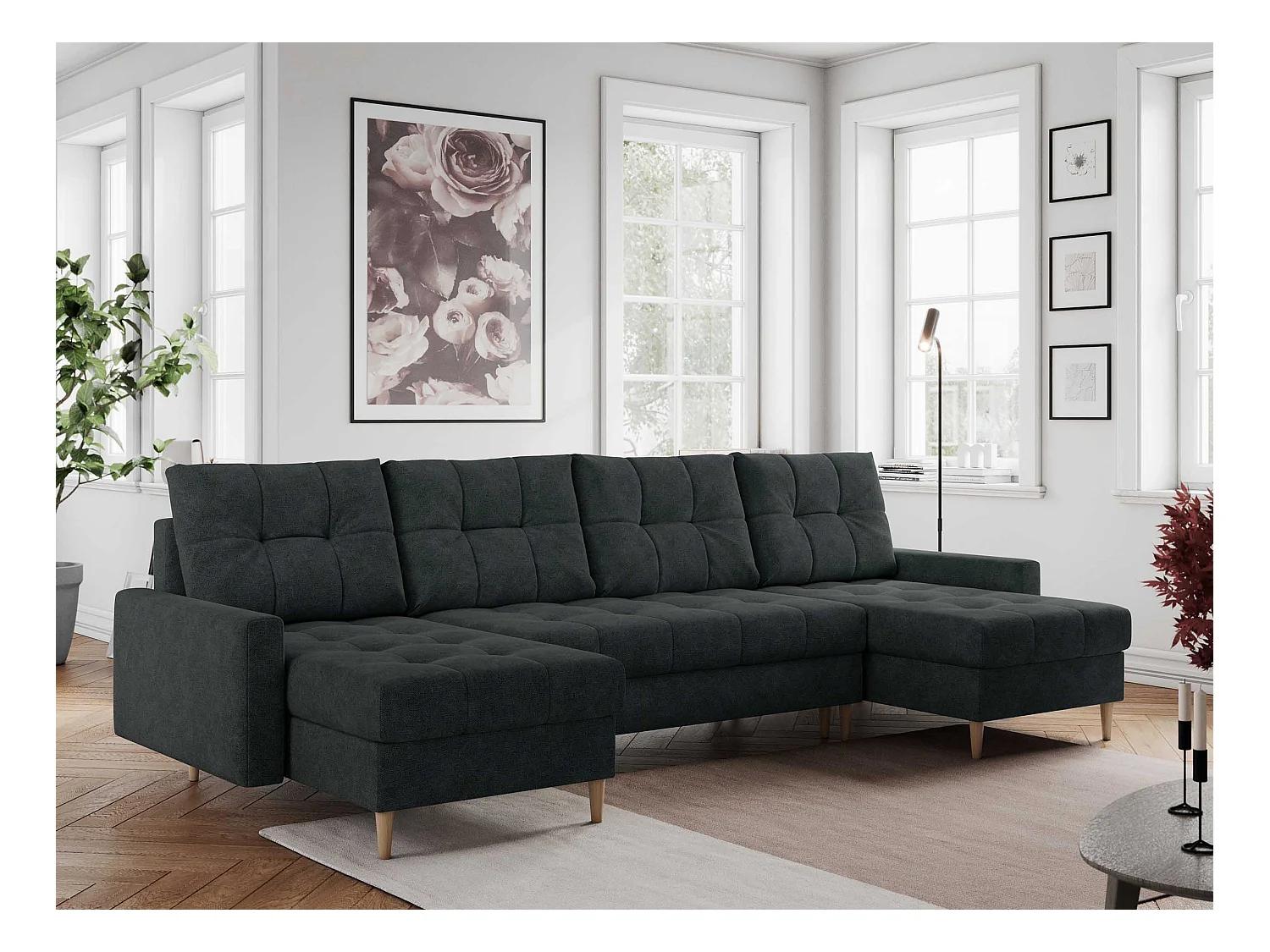 Ecksofa COLIN U mit Bettfunktion - skandinavisches design, lose Kissen - Dunkelgrau Stukture