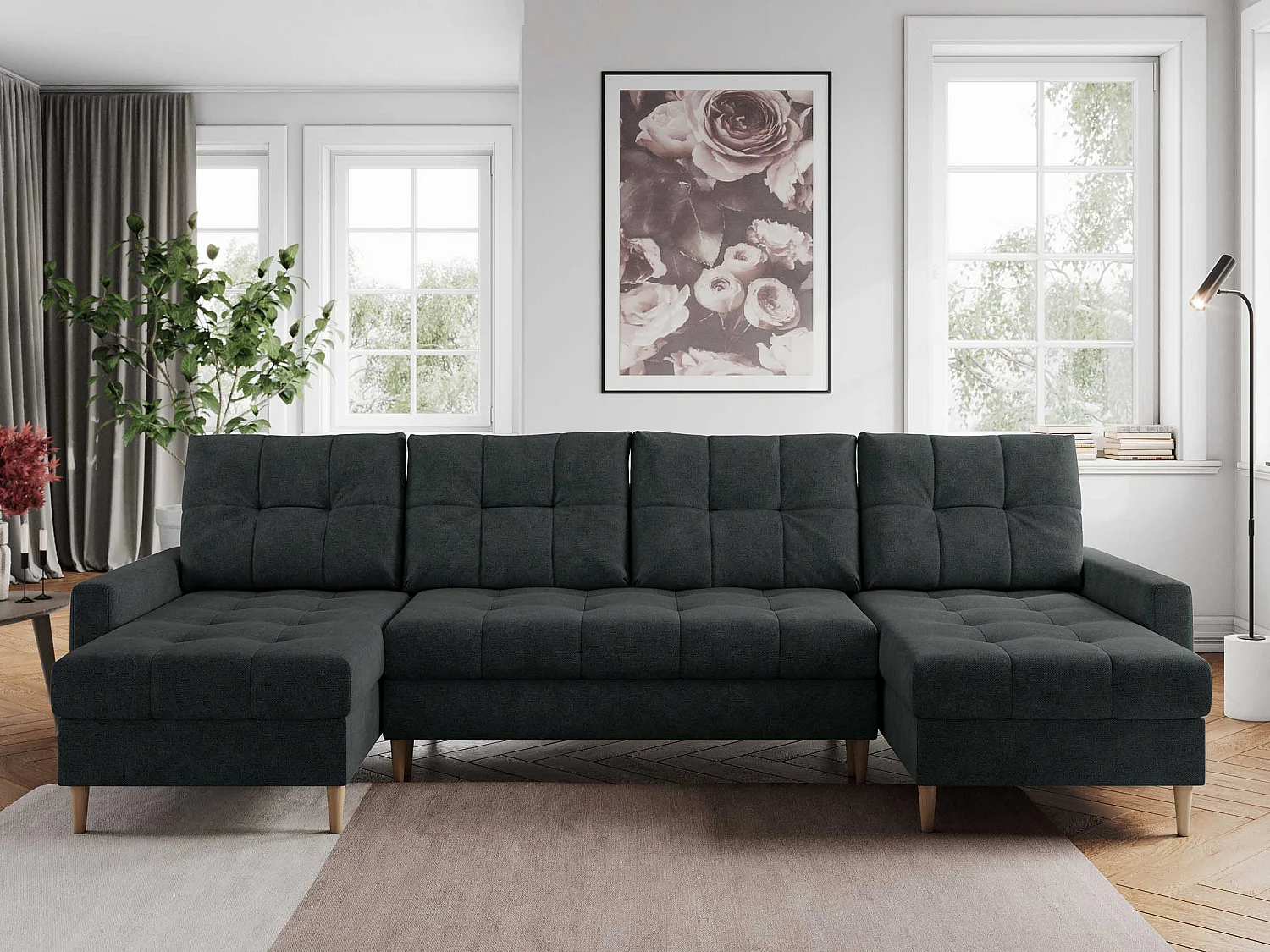 Ecksofa COLIN U mit Bettfunktion - skandinavisches design, lose Kissen - Dunkelgrau Stukture