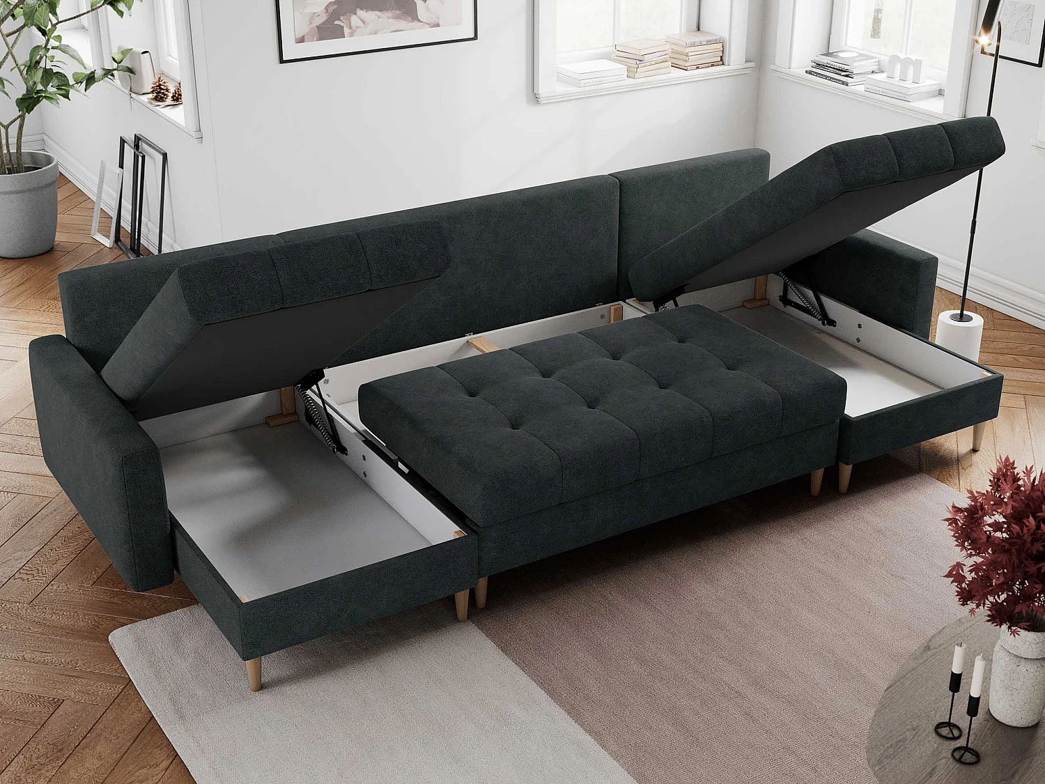 Ecksofa COLIN U mit Bettfunktion - skandinavisches design, lose Kissen - Dunkelgrau Stukture