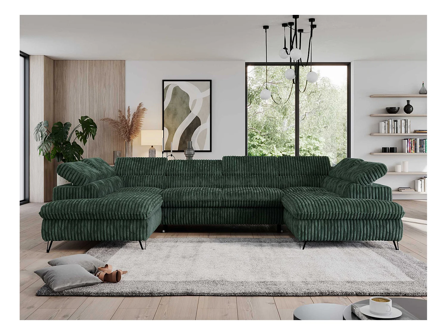 Ecksofa PEDRO U - XXL U-förmige Ecke, schlaffunktion und Bettkästen - Grün Cord