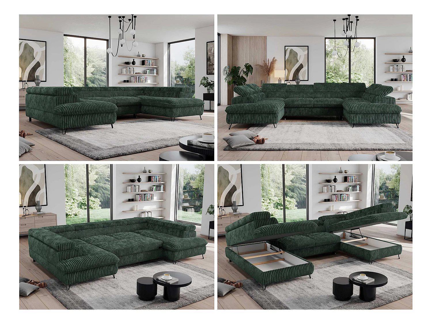 Ecksofa PEDRO U - XXL U-förmige Ecke, schlaffunktion und Bettkästen - Grün Cord