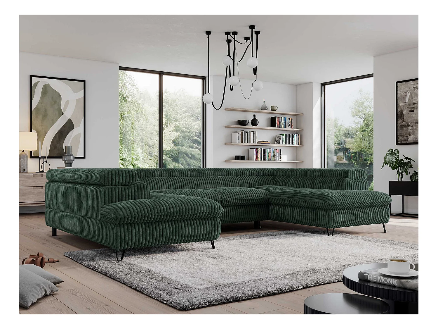 Ecksofa PEDRO U - XXL U-förmige Ecke, schlaffunktion und Bettkästen - Grün Cord