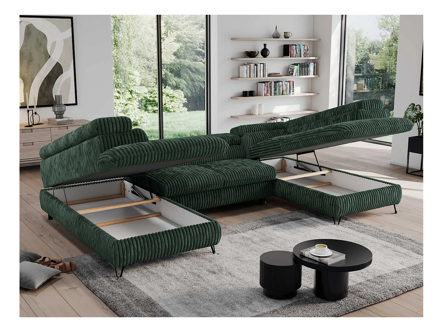 Ecksofa PEDRO U - XXL U-förmige Ecke, schlaffunktion und Bettkästen - Grün Cord