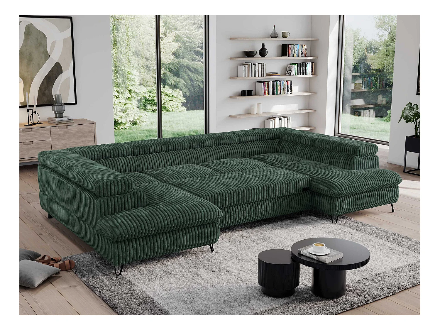 Ecksofa PEDRO U - XXL U-förmige Ecke, schlaffunktion und Bettkästen - Grün Cord