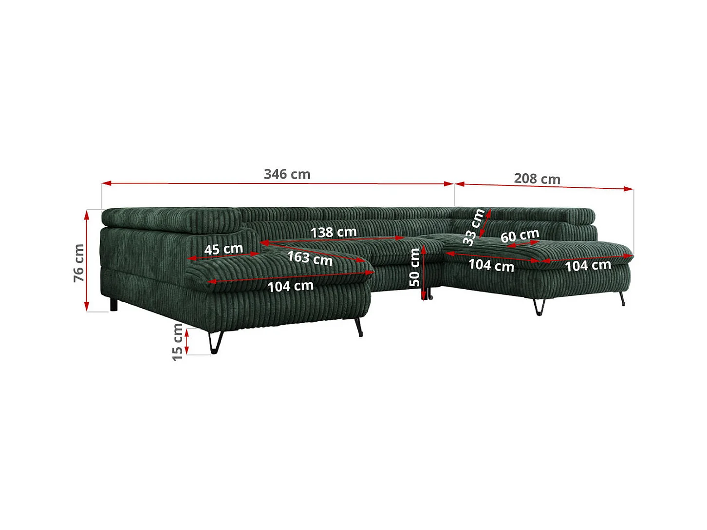 Ecksofa PEDRO U - XXL U-förmige Ecke, schlaffunktion und Bettkästen - Grün Cord